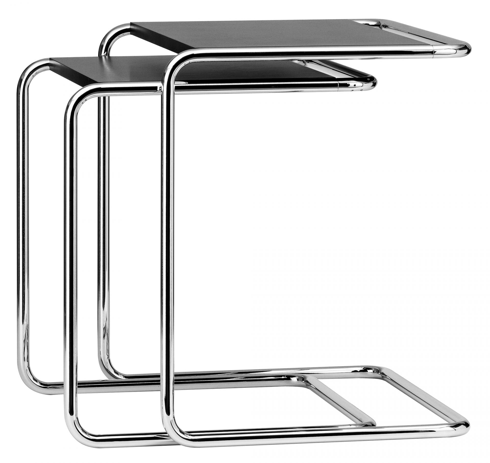 B97 Thonet Beistelltisch Set mit Stahlrohrgestell und schwarzer Tischplatte, modernes Design.
