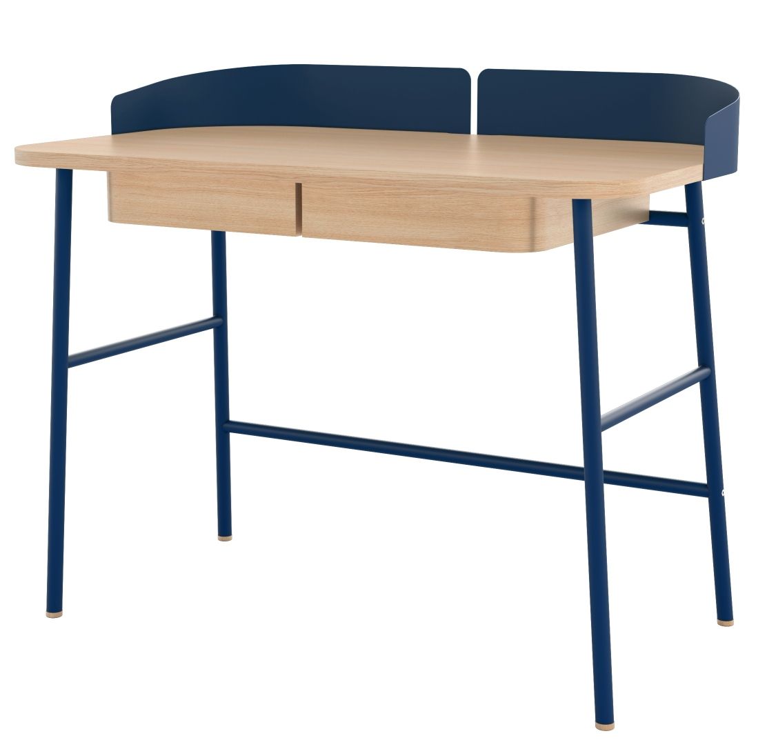Victor Schreibtisch von Hartô mit hellbrauner Tischplatte, blauen Beinen und zwei Schubladen.