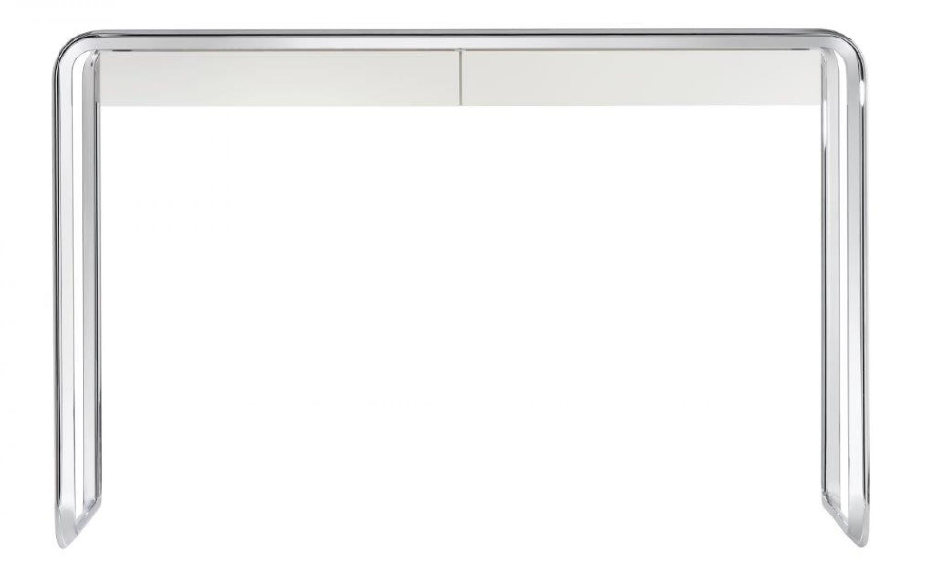 K2D Oblique Schreibtisch von Tecta mit verchromtem Stahlrohrgestell und weißer Tischplatte. Moderner Design Schreibtisch.