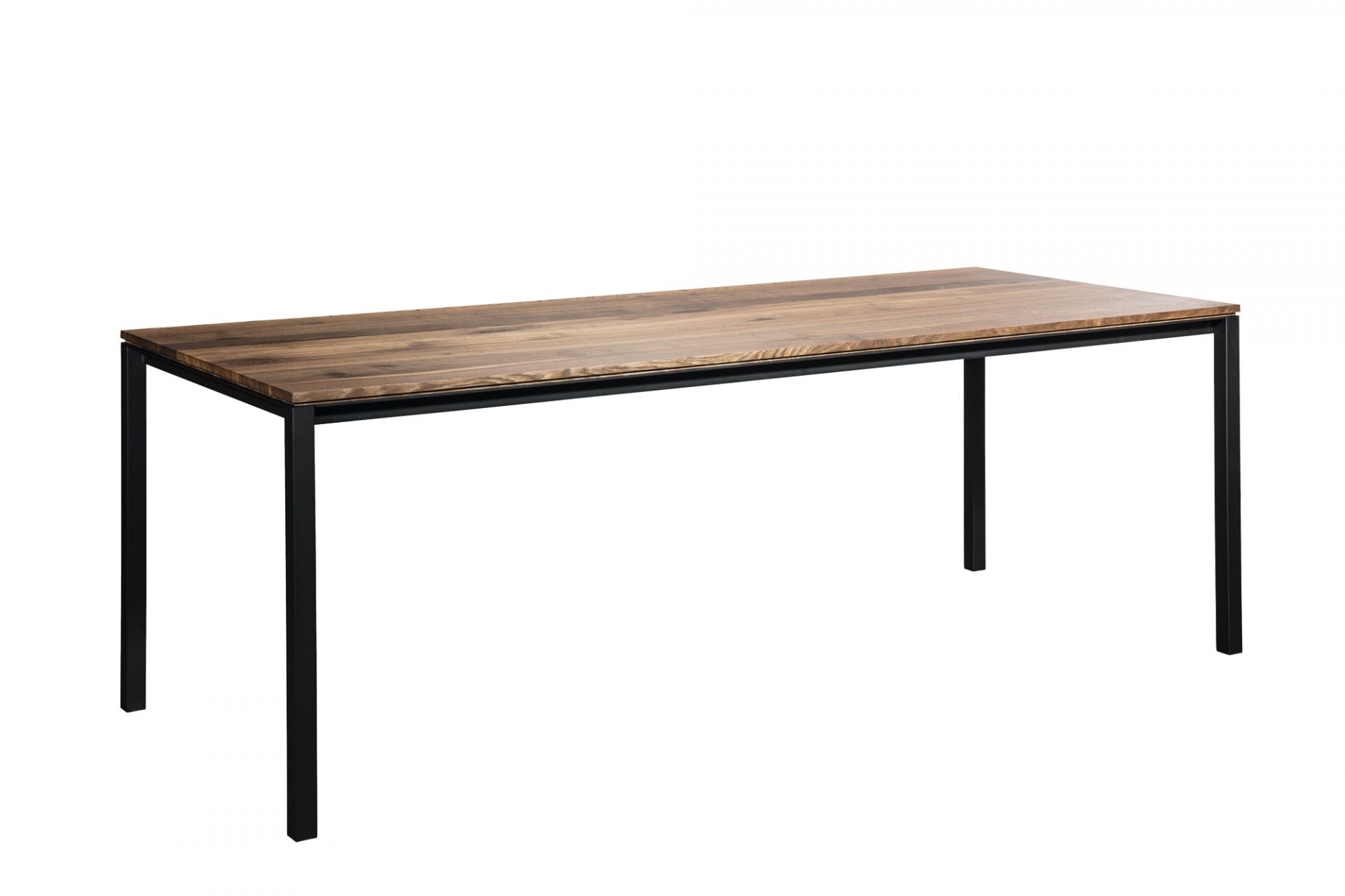 S 600 Ausziehtisch von Janua mit geräucherter Eichenplatte und schwarzem Metallgestell.
