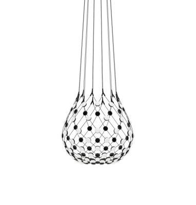 D86 Mesh Deckenleuchte von Luceplan: Hängende Designlampe mit schwarzem Netz und weißen/schwarzen Kugeln.