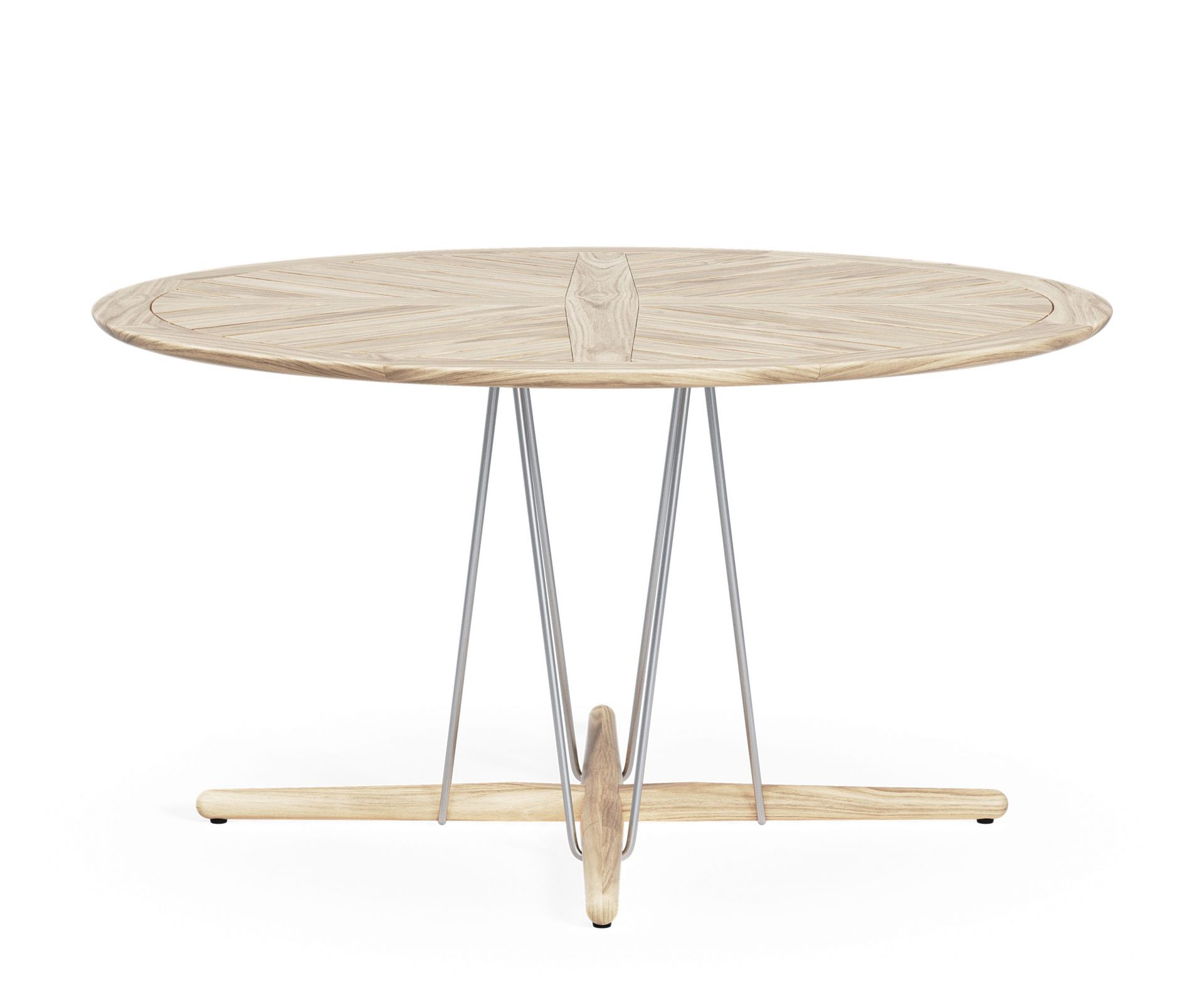 E022 Embrace Outdoor Tisch von Carl Hansen & Søn: Runder Esstisch aus Holz mit Metallbeinen.