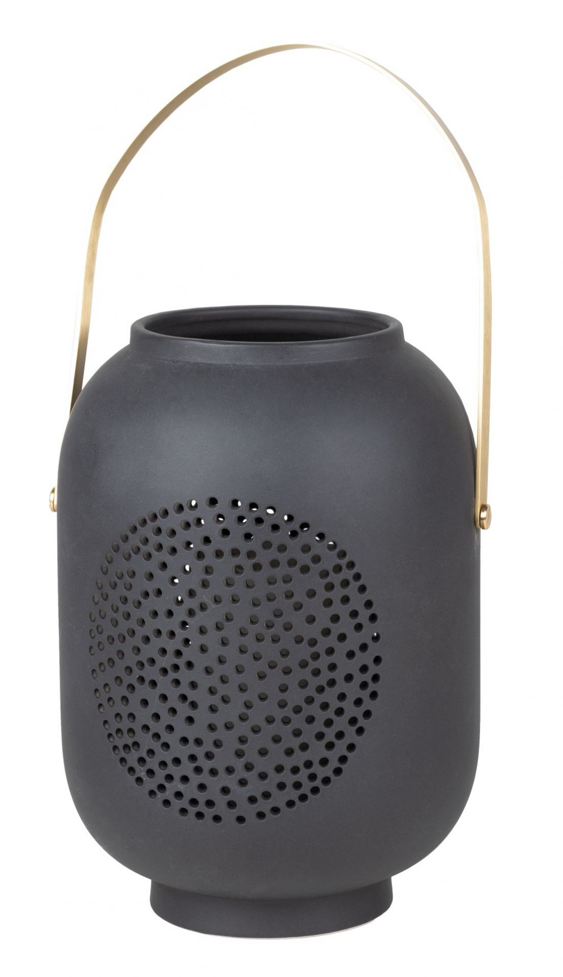 Zuhausesein Laterne Mond Räder: Schwarze Deko Laterne mit goldenem Henkel und kreisförmigem Lochmuster für stimmungsvolle Beleuchtung.