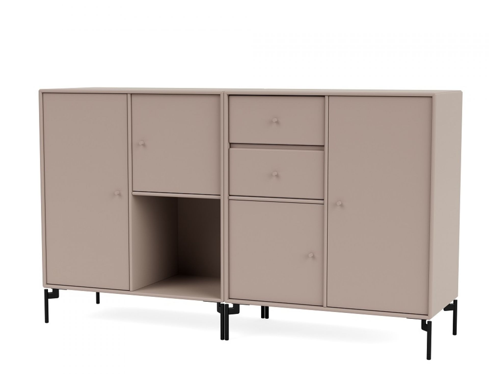 Couple Sideboard in Mushroom Farbe mit schwarzen Beinen, modernes Sideboard mit Schubladen und Türen.