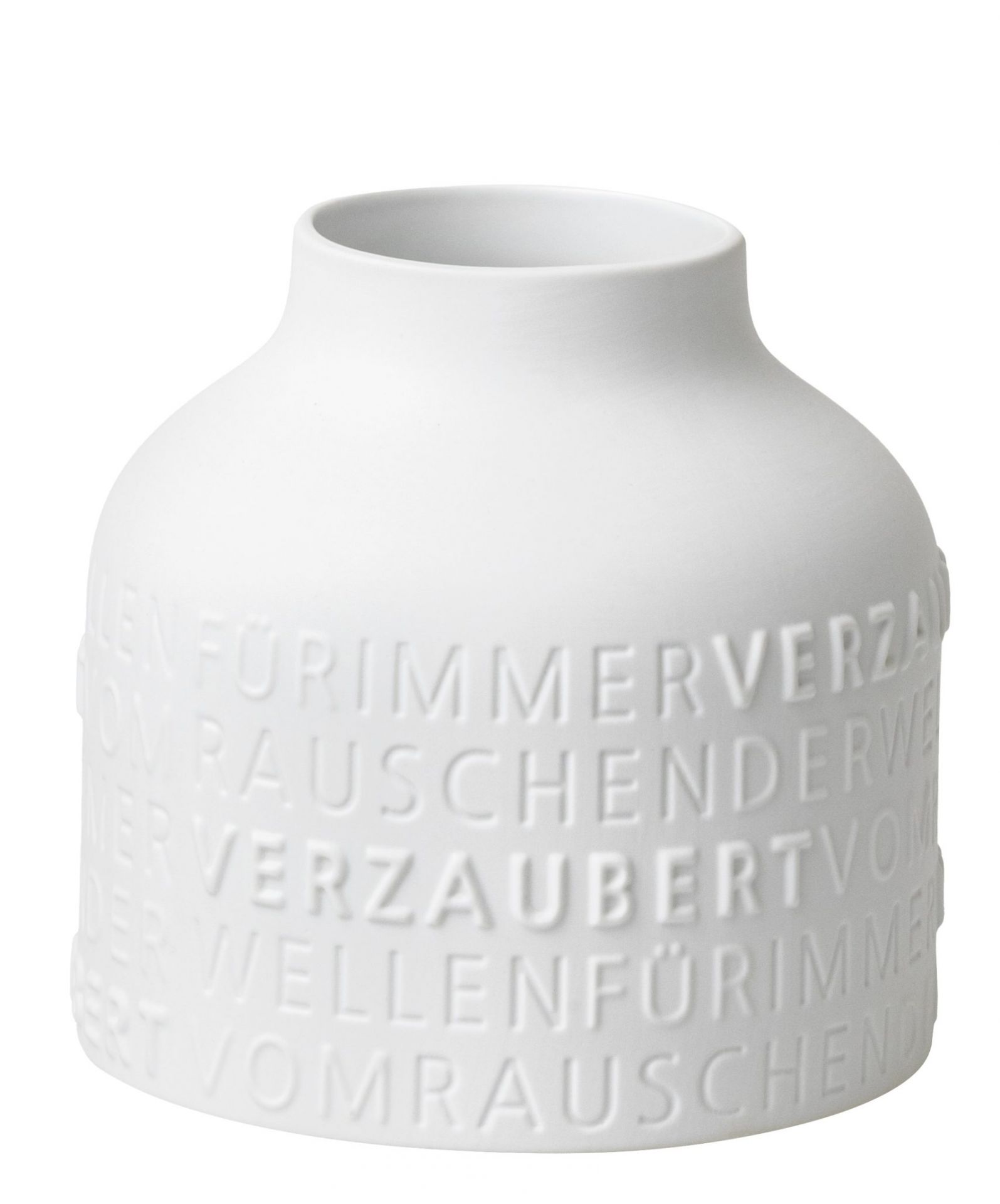 Weiße Räder Vase "Für immer verzaubert" aus Keramik, mit erhabenen Schriftzügen, modernes Wohndeko Einzelstück.