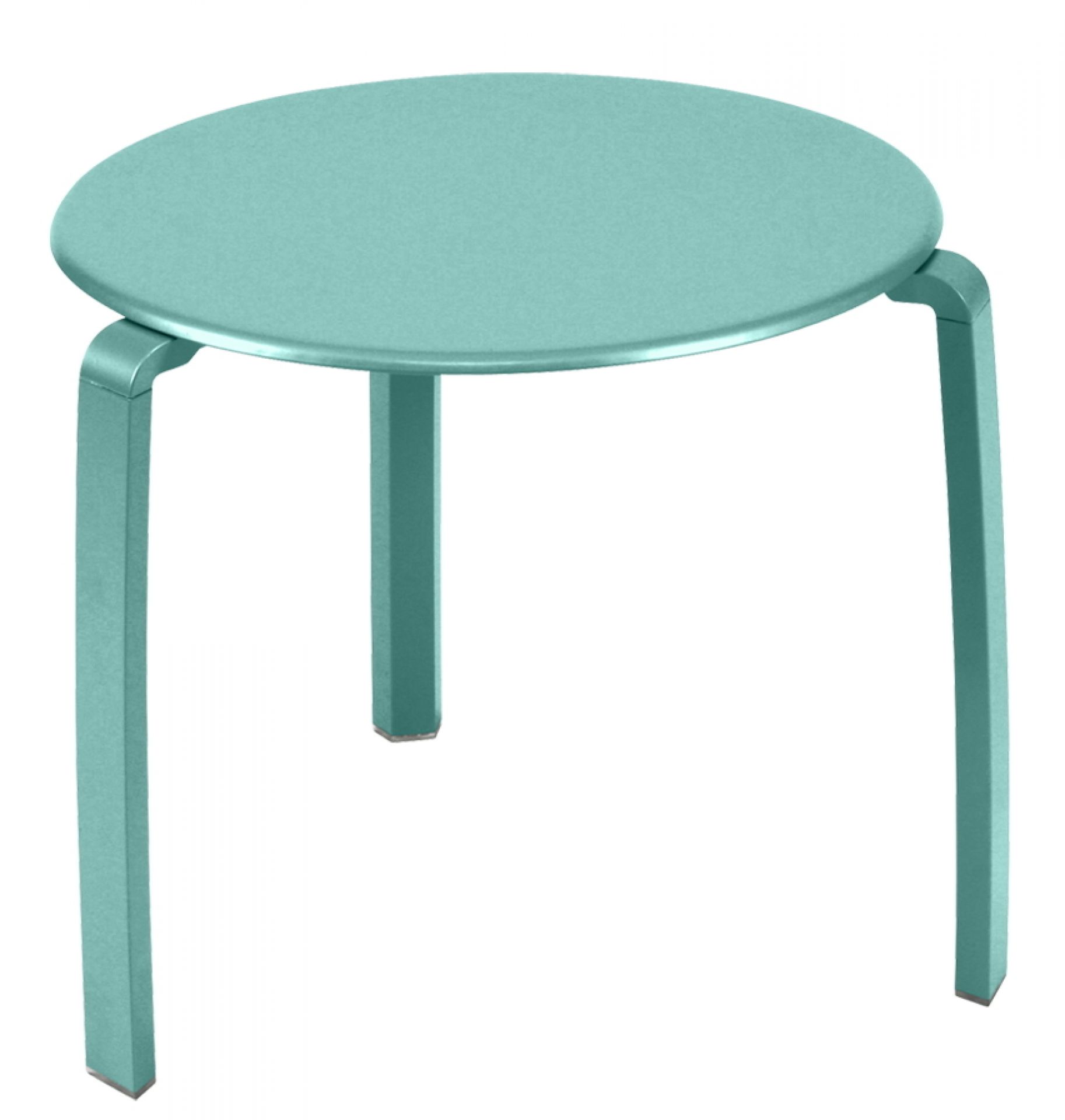 Türkisgrüner Alizé Outdoor Tisch von Fermob: Runder, niedriger Beistelltisch für Garten, Balkon und Terrasse.
