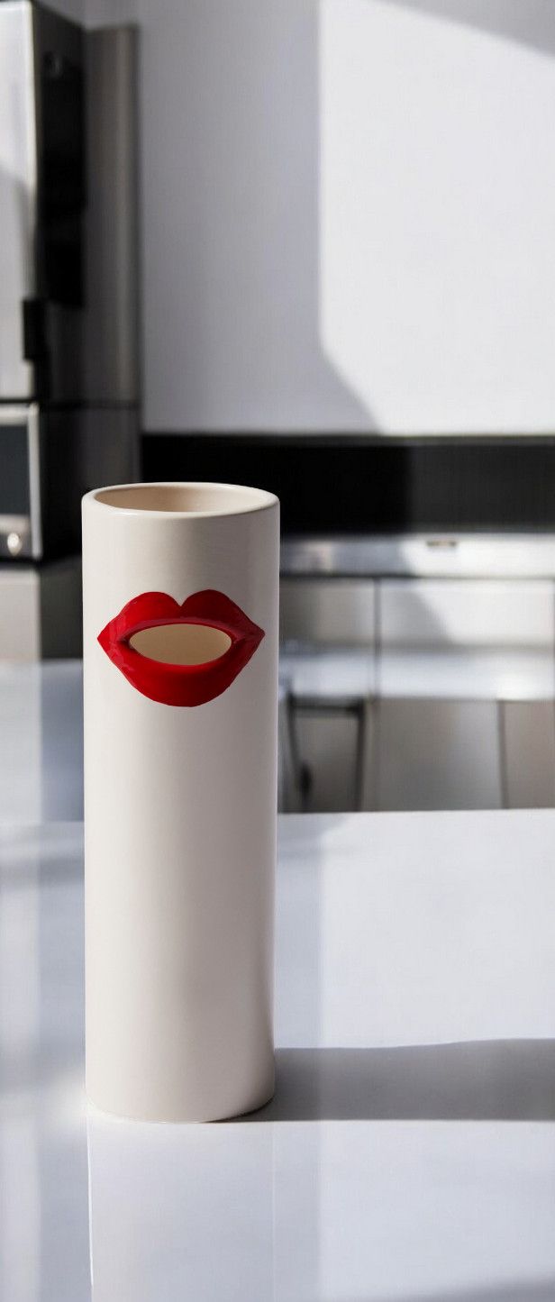 Weiße Cassina Vase "Bocca" mit roten Lippen, modernes Design-Objekt für Wohnaccessoires und Dekoration.