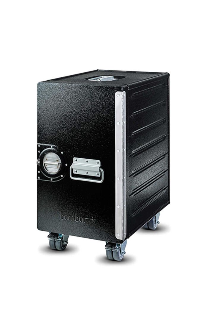 Schwarzer Box Rollwagen Bordbar mit Griff, Rollen und silbernen Akzenten, ideal als mobile Bar.