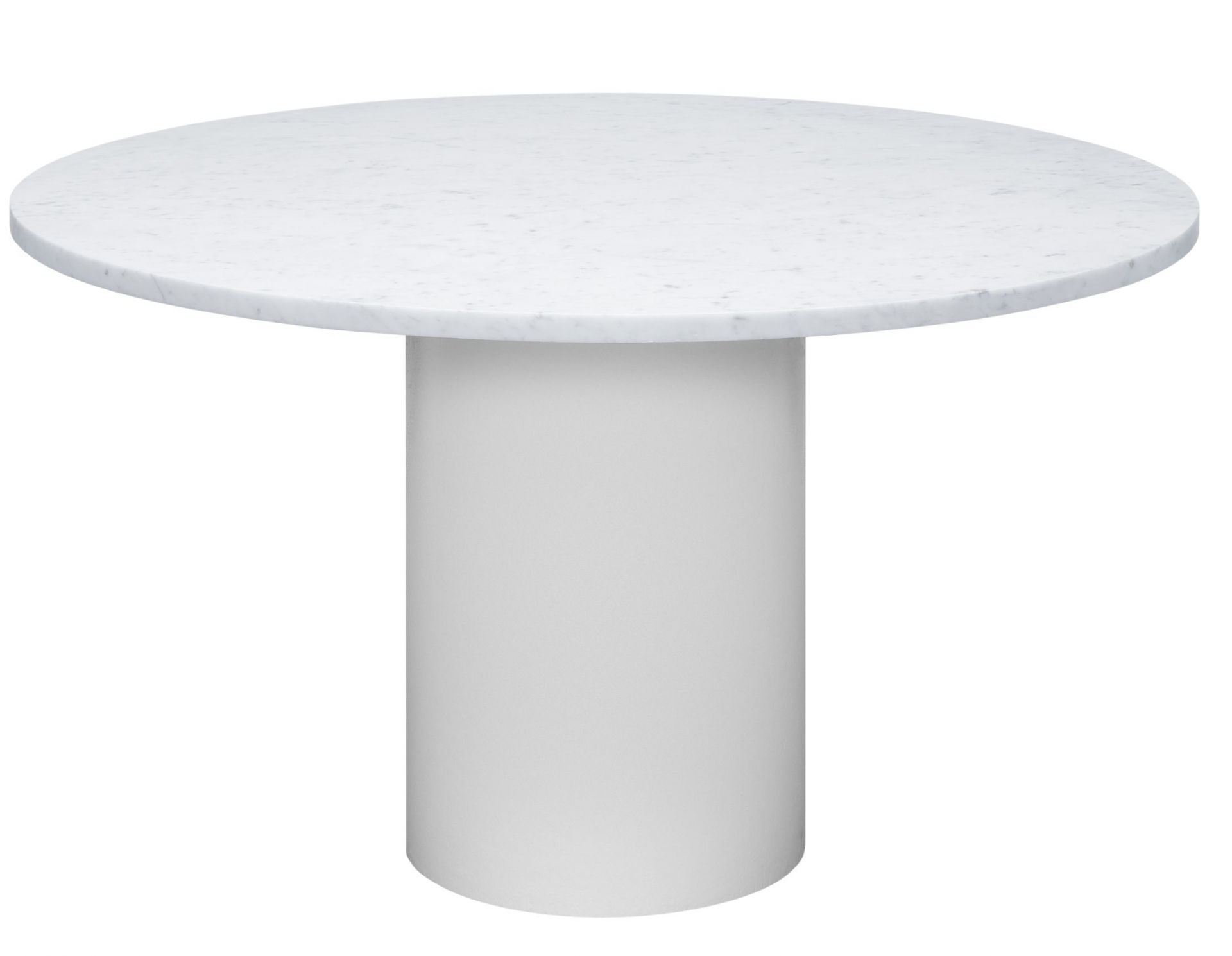Runder Esstisch Hiroki mit weißer Marmorplatte und zylindrischem Fuß, modernes Design.