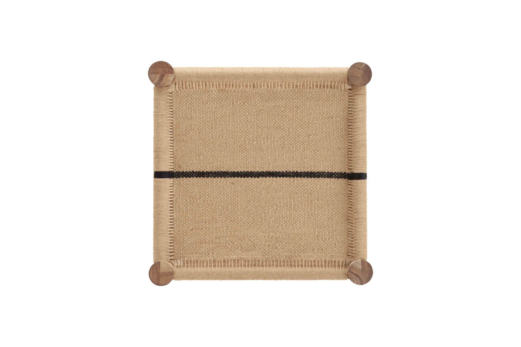 Roots Single Stool Hocker mit Jute-Sitzfläche und Holzfüßen, Ansicht von oben.