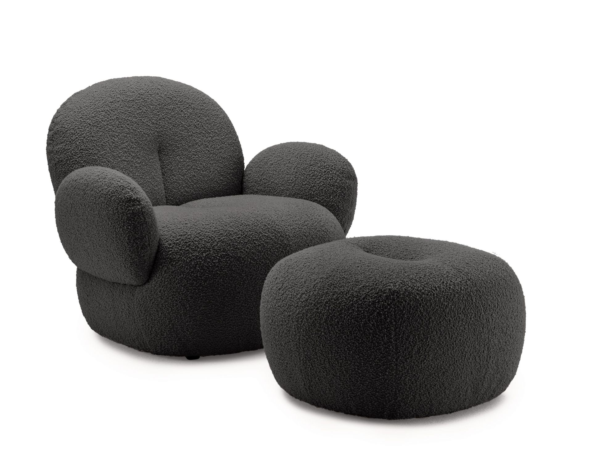 Nana Sessel mit passendem Polsterhocker von Freifrau Manufaktur in dunklem Bouclé-Stoff. Modernes Wohnzimmer Möbel.