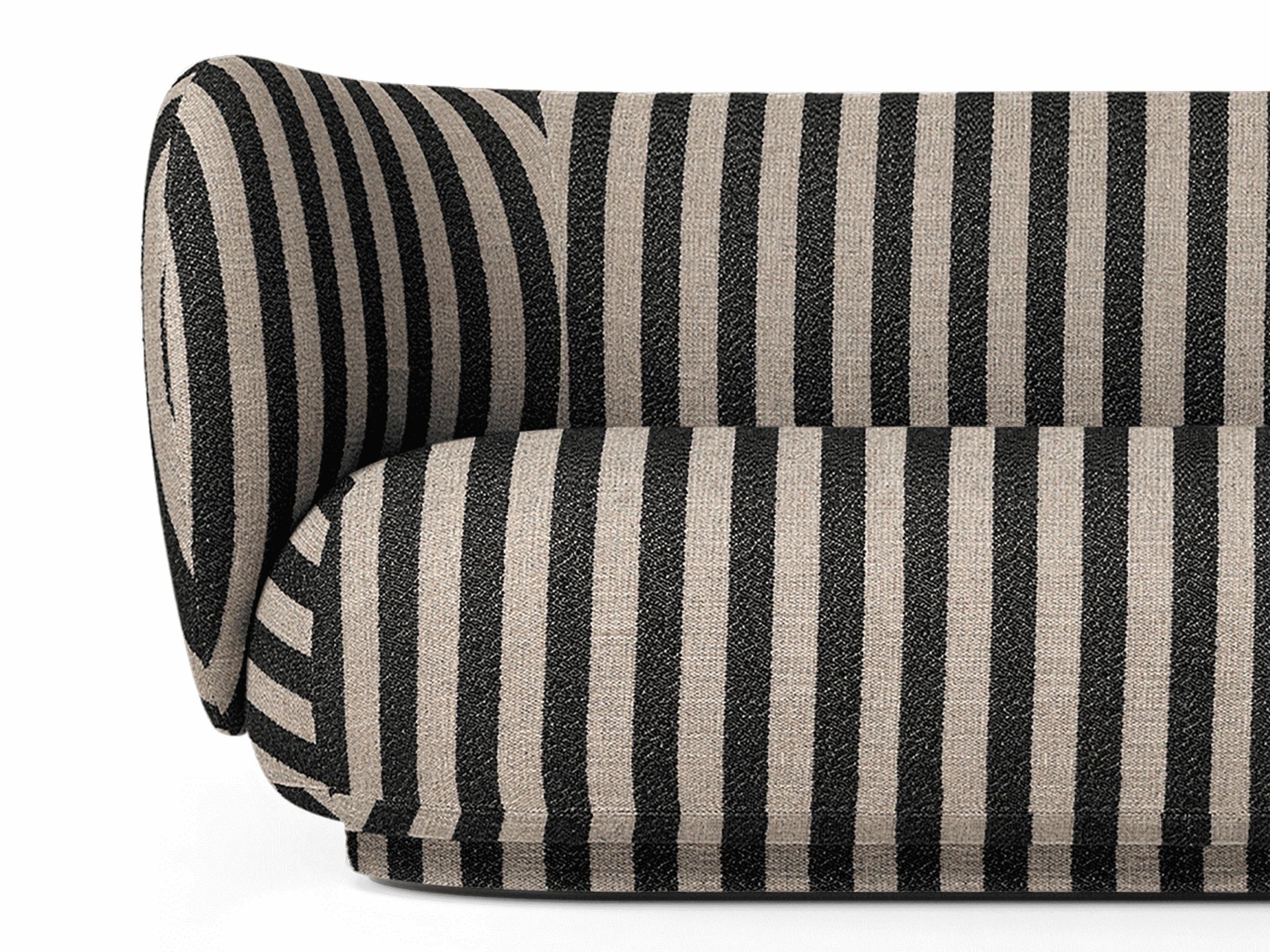 Detailaufnahme des Rico Sofas von Ferm Living mit schwarzem und beigem Streifenmuster.