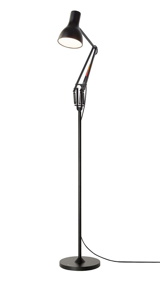 Schwarze Anglepoise Type 75 Stehleuchte Paul Smith Edition mit verstellbarem Arm und hellem Licht.