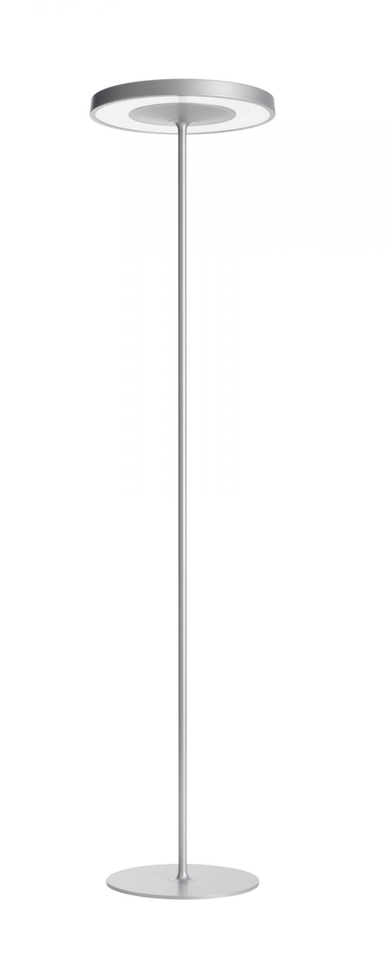 Silberne Belux Disk Stehleuchte mit kreisförmigem Lampenschirm und Fuß für modernes Wohnambiente.