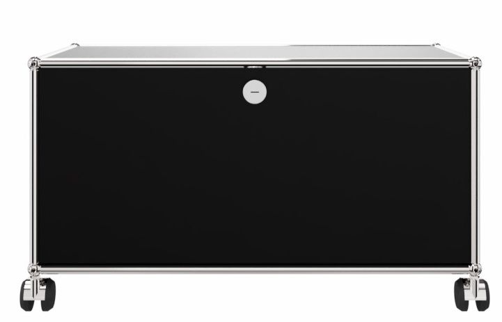 USM Haller Möbel graphitschwarz: TV-Möbel/Hi-Fi-Möbel mit Rollen und verchromtem Gestell für modernes Wohnzimmer.