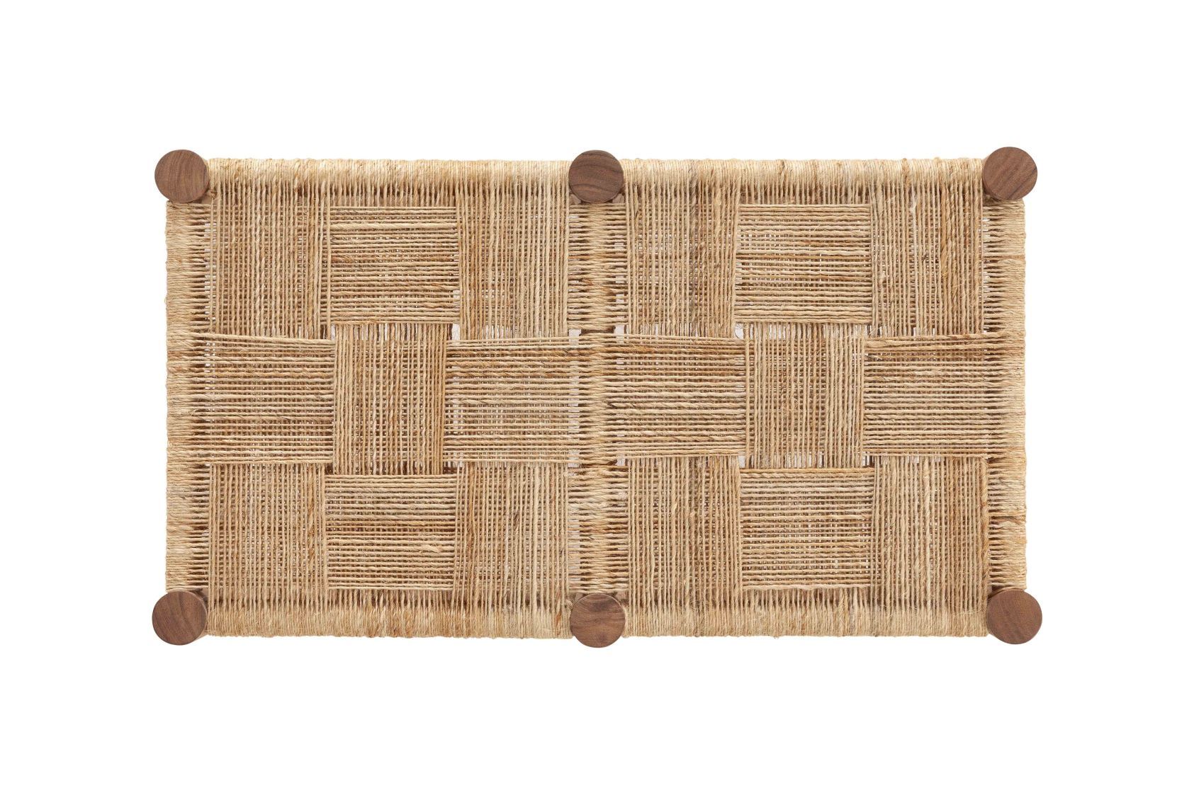 Roots Stool Bank: Draufsicht auf eine geflochtene Sitzbank mit Holzfüßen, ideal für Wohnzimmer.