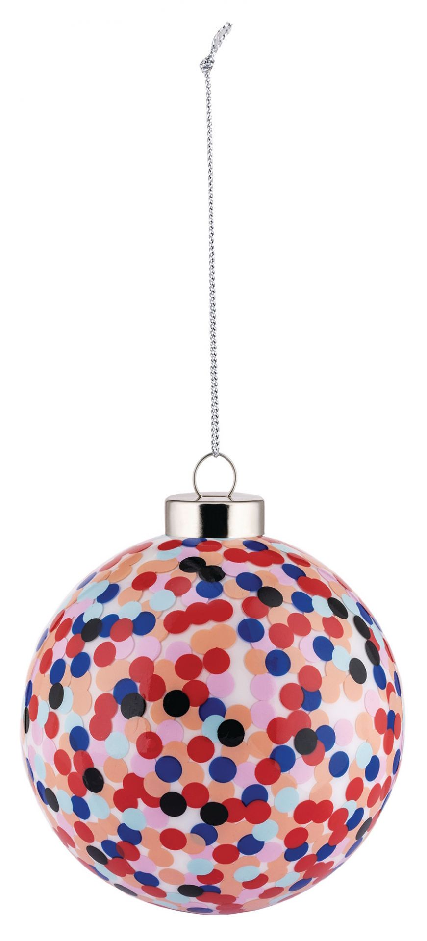 Alessi Proust Kugel: Weihnachtskugel mit bunten Konfetti-Punkten und silberner Aufhängung für festliche Dekoration.