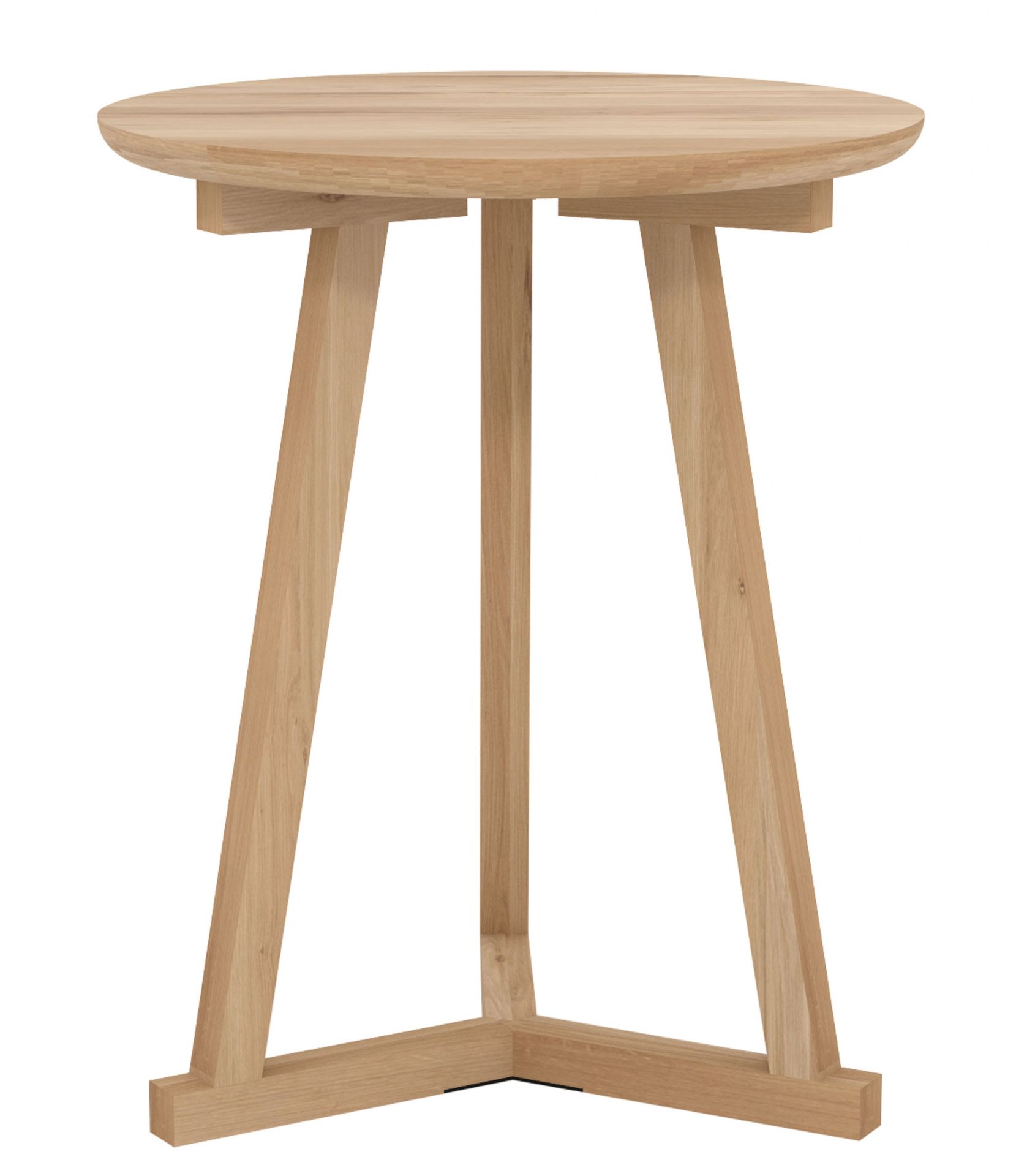 Ethnicraft Tripod Beistelltisch aus Eiche, runder Holztisch mit drei Beinen, modernes Möbeldesign.