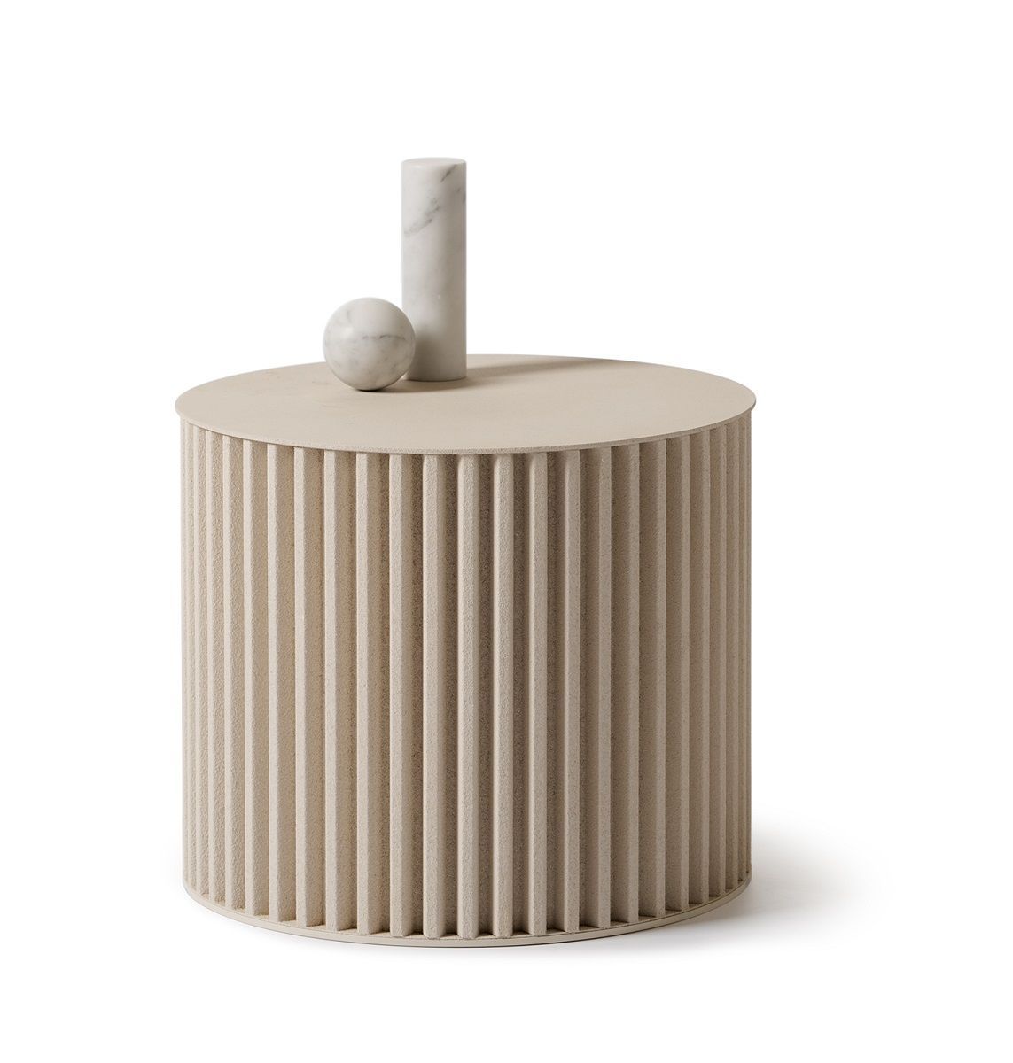 Herclino Couchtisch von Opinion Ciatti: Runder Beistelltisch in Beige mit geriffelter Oberfläche.