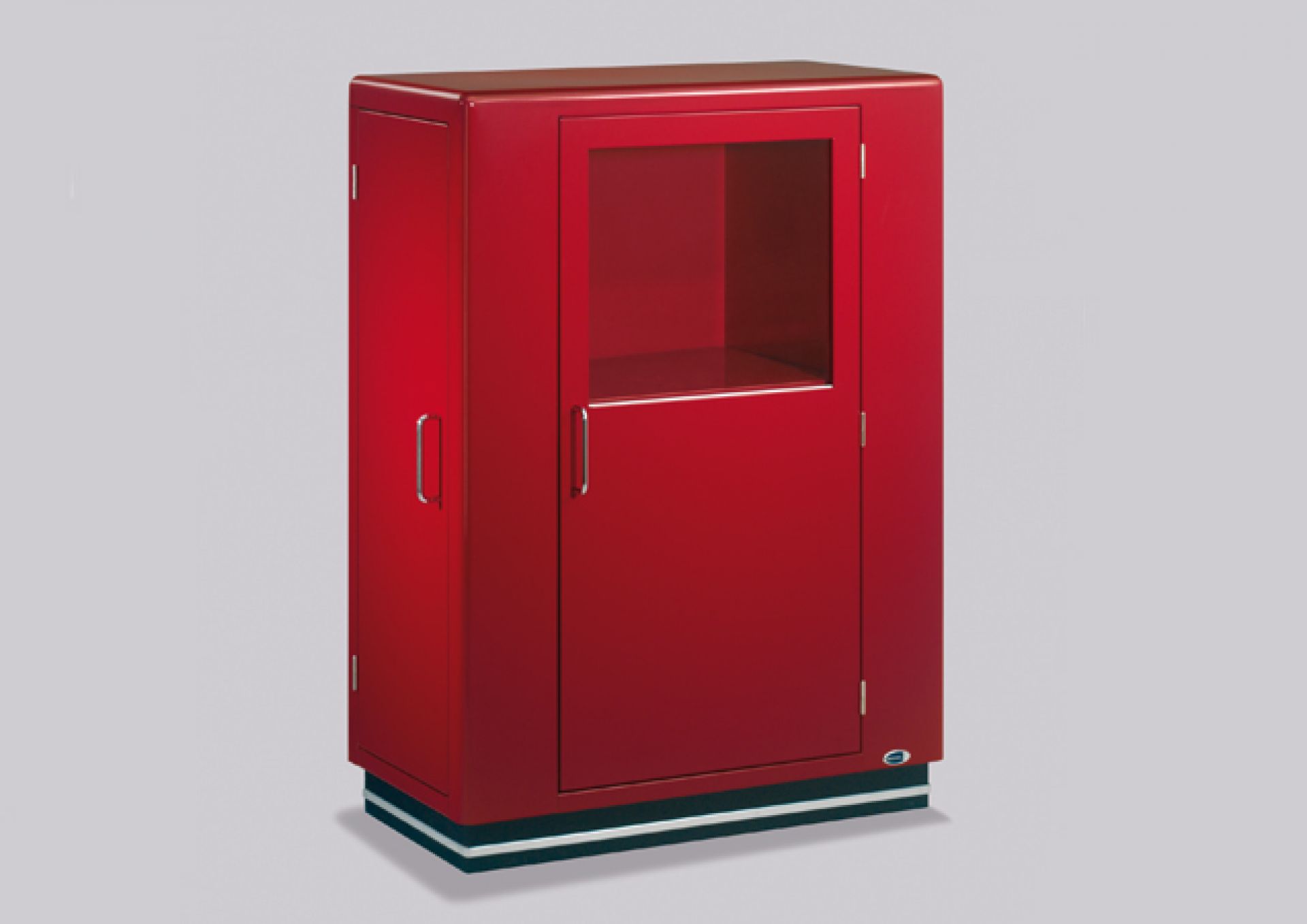 Roter KB 323 Barschrank von Müller Möbelfabrikation mit Glastür und Metallgriffen. Moderner Design Barschrank.