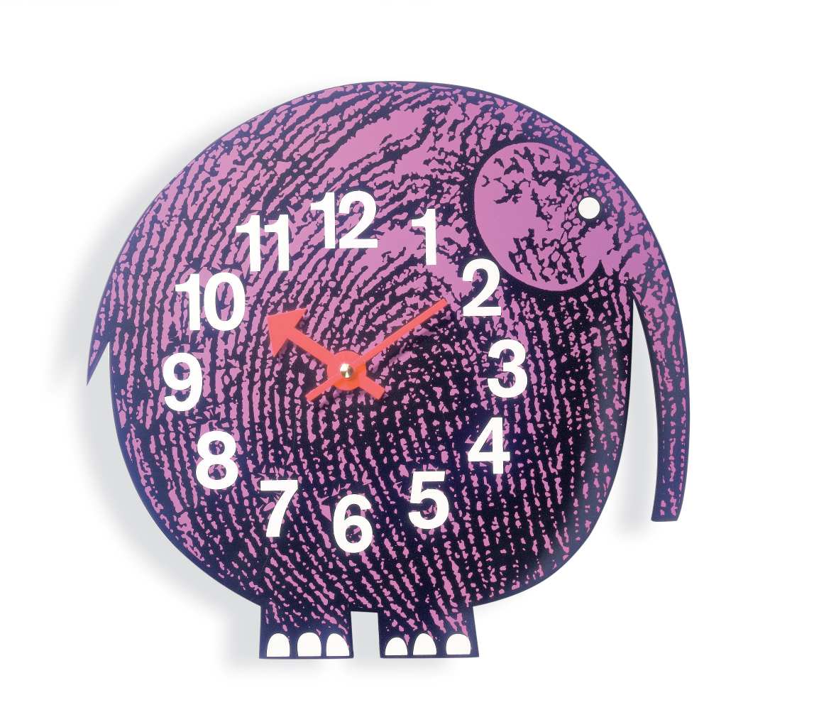 Elihu Elefant Wanduhr von Vitra, lila Kinderzimmer Uhr im Tierdesign.