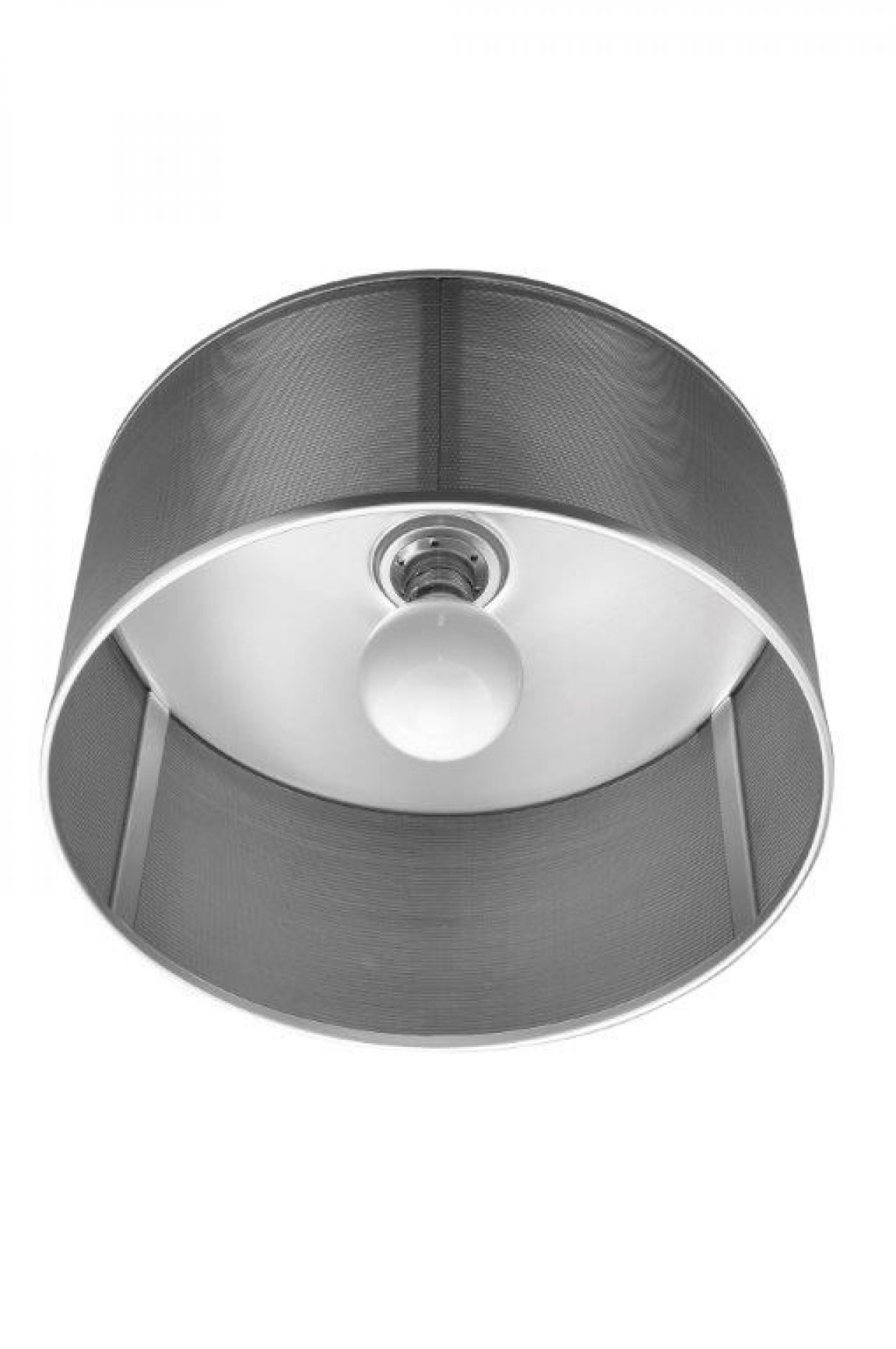 Ansicht von unten: Graue Moove Pendelleuchte Lumina mit Textilschirm und Glühbirne.