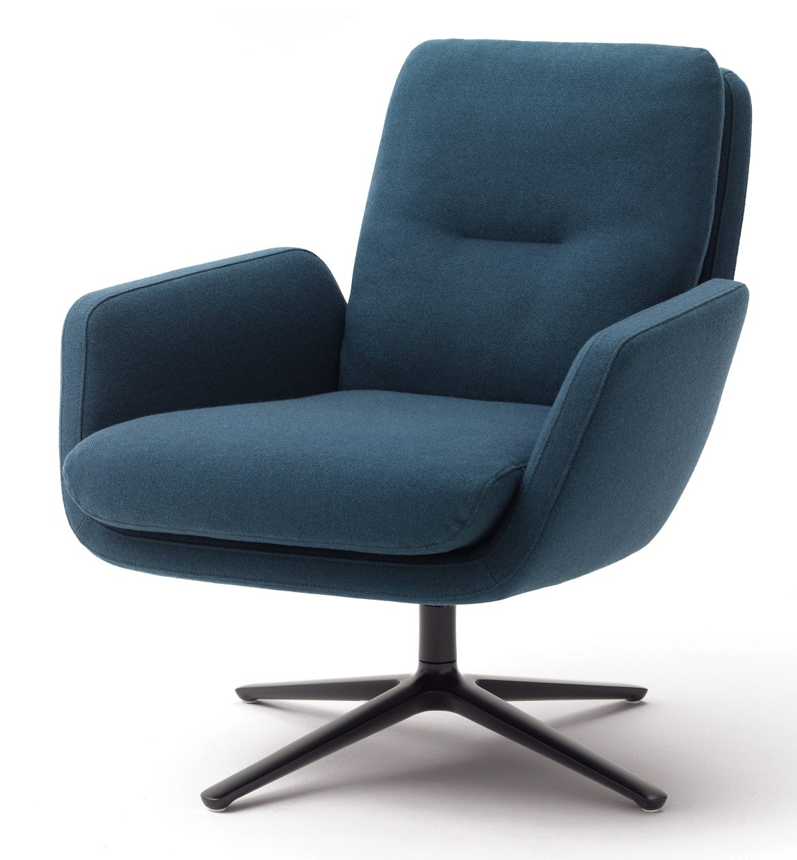 Blauer Cordia Drehstuhl mit niedrigem Rücken und schwarzem Fußkreuz, moderner Bürostuhl für Komfort.