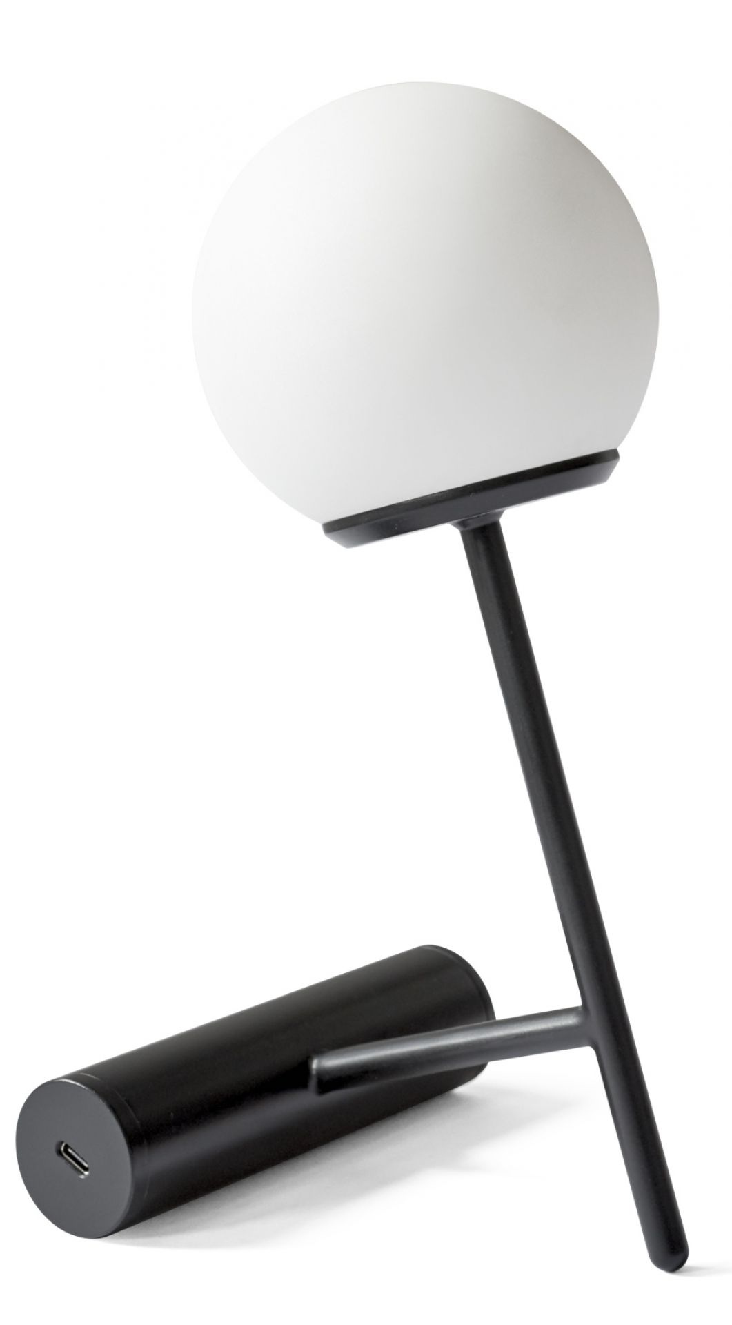 Schwarze Audo Phare LED Tischleuchte mit rundem, weißem Lampenschirm und USB-Anschluss.