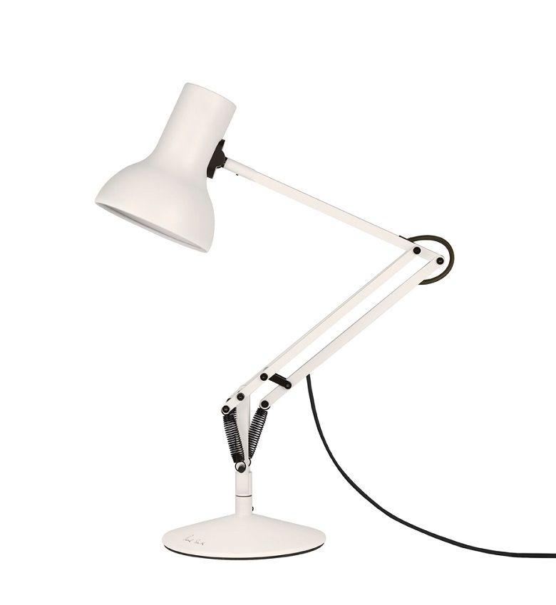 Weiße Type 75 Mini Anglepoise Tischleuchte, modernes Design mit verstellbarem Arm und Lampenschirm.