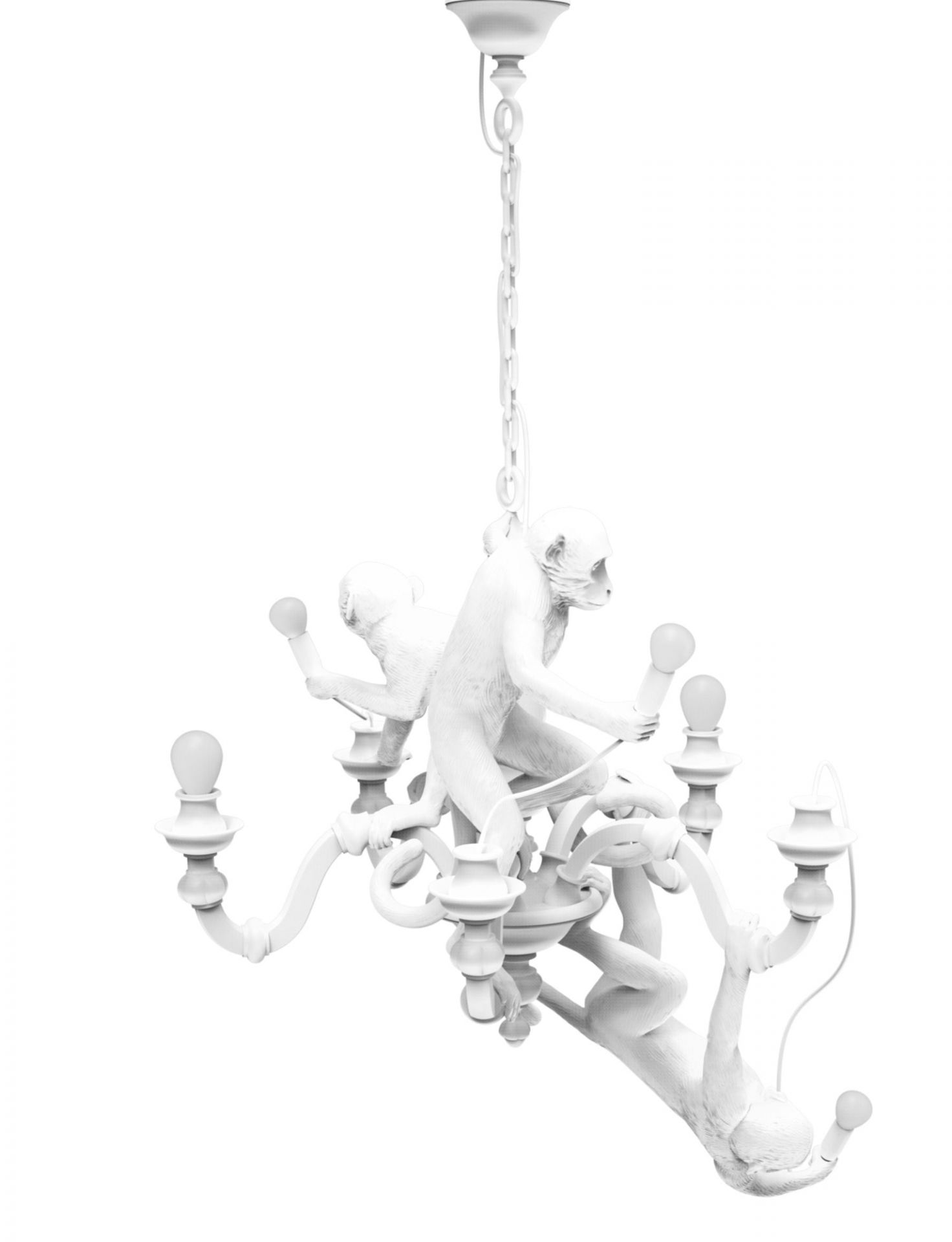 Weiße Seletti Monkey Chandelier Pendelleuchte: Verspielte Hängelampe mit Affenfiguren, modernes Design für Wohnräume.