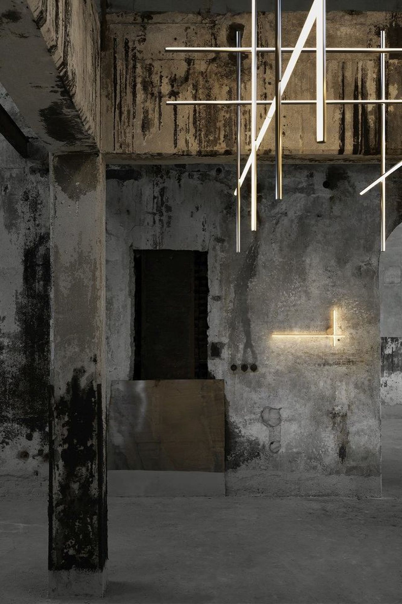 Flos Coordinates Wall 2 Lampe an einer Betonwand, modernes Design, indirekte Beleuchtung.