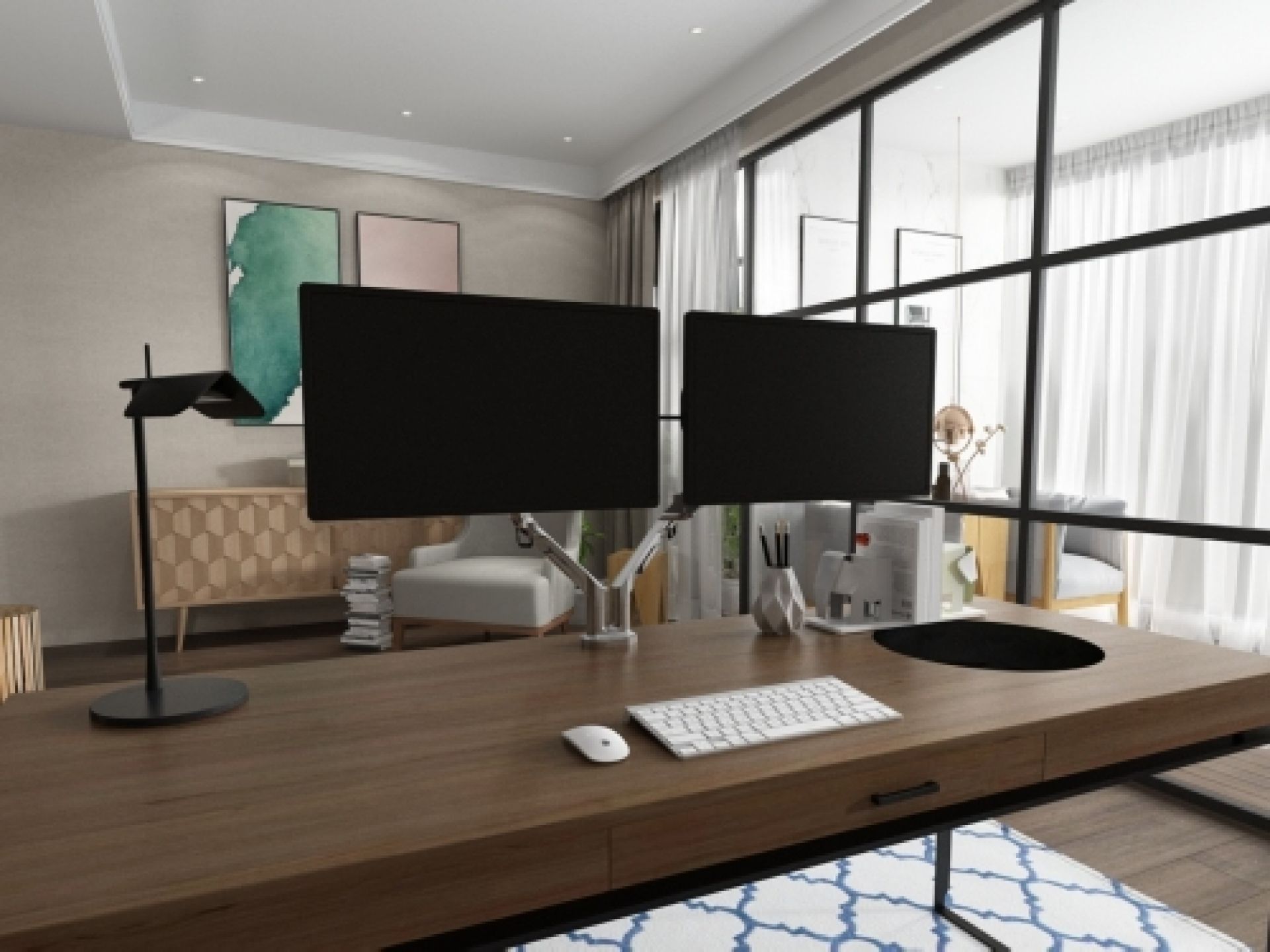 Zwei Monitore am Schreibtisch, befestigt mit einem weißen Monitor Schwenkarm. Ergonomische Arbeitsplatzlösung.