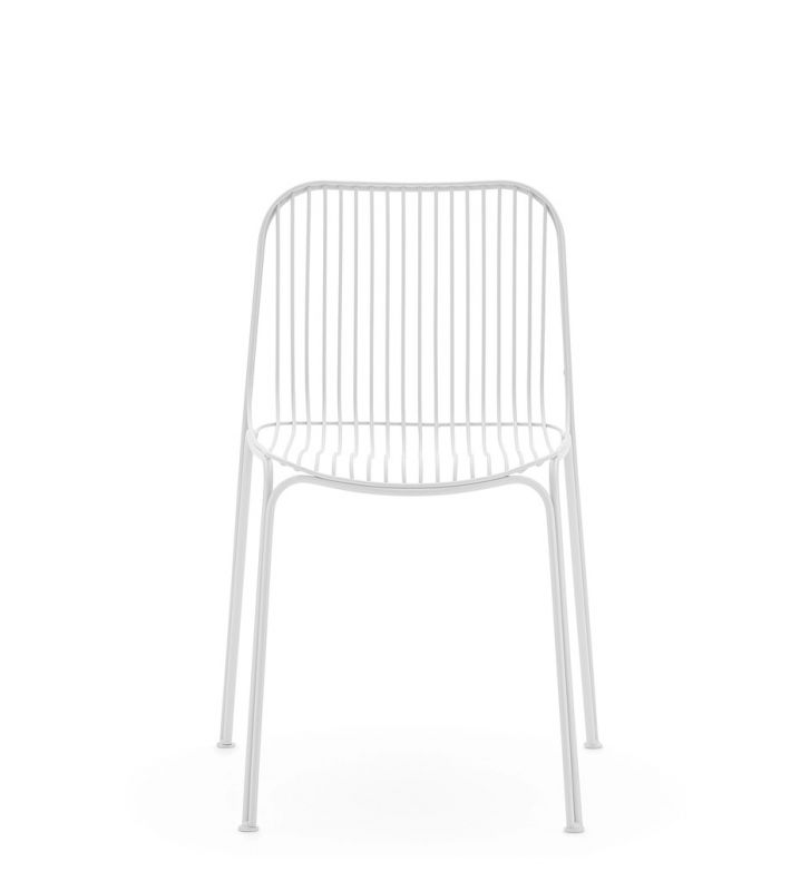 Weißer Hiray Stuhl von Kartell, minimalistischer Outdoor Stuhl aus Stahl, Frontansicht.