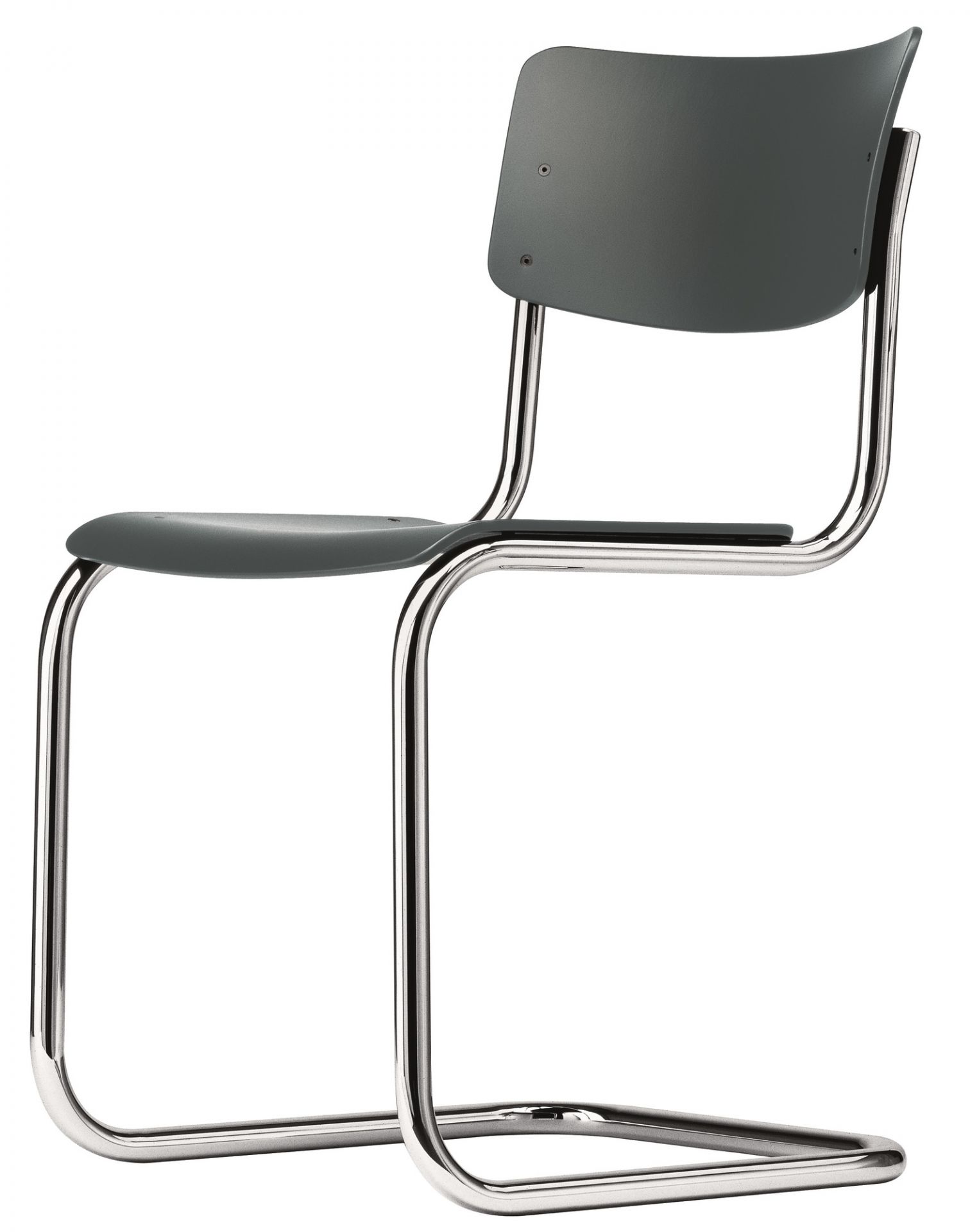 S 43 Freischwinger Stuhl mit schwarzer Sitzfläche und Rückenlehne, verchromtes Stahlrohr Gestell. Thonet Design Klassiker.