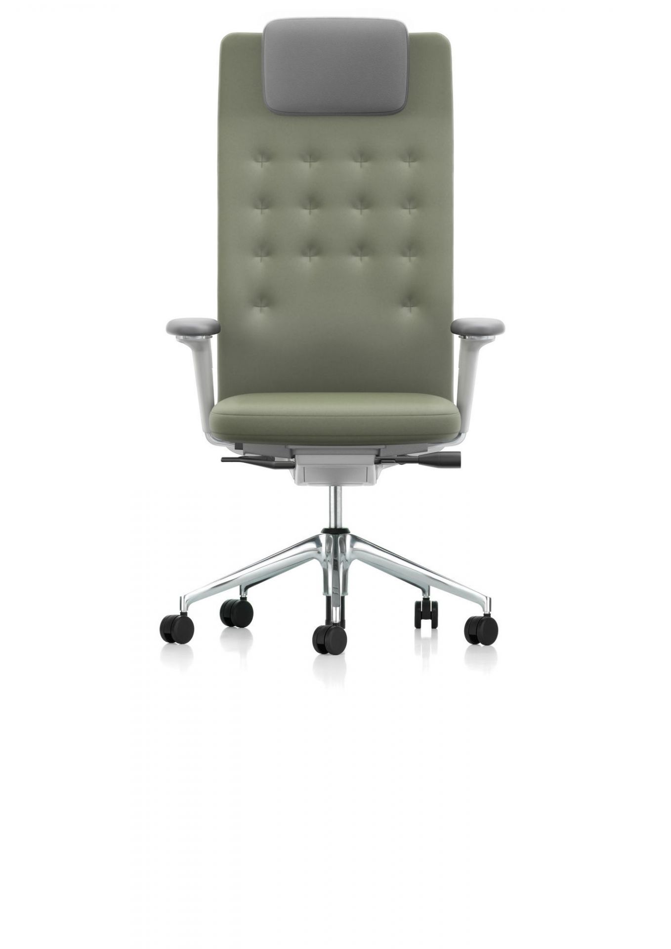 Vitra ID Chair Trim L Bürostuhl, olivgrün mit grauer Kopfstütze, ergonomischer Drehstuhl für Büro.