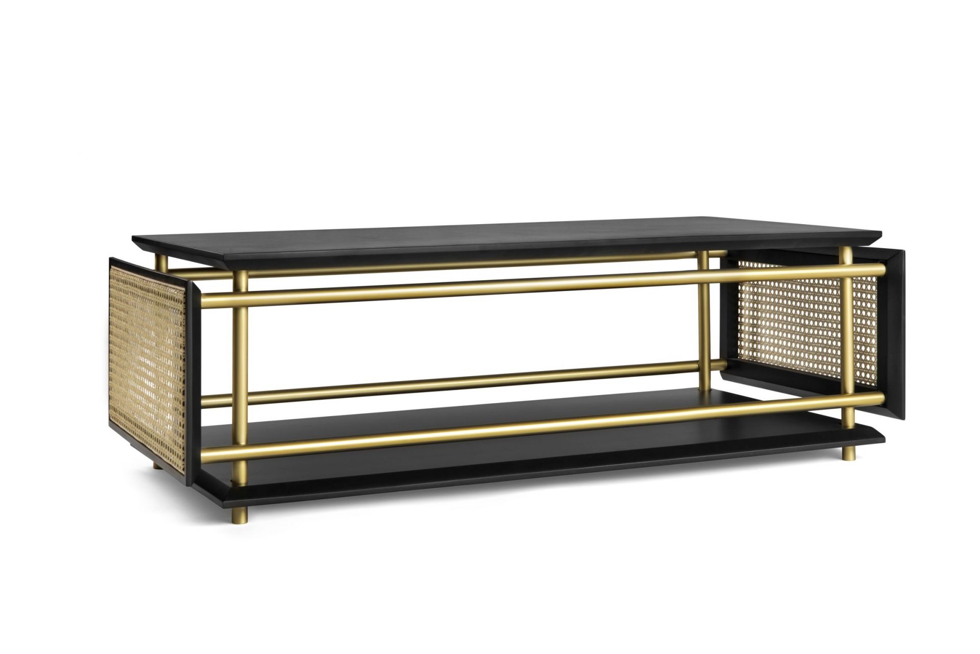 Wiener Box Couchtisch von Wiener GTV Design mit Wiener Geflecht, schwarzer Tischplatte und goldenem Gestell.