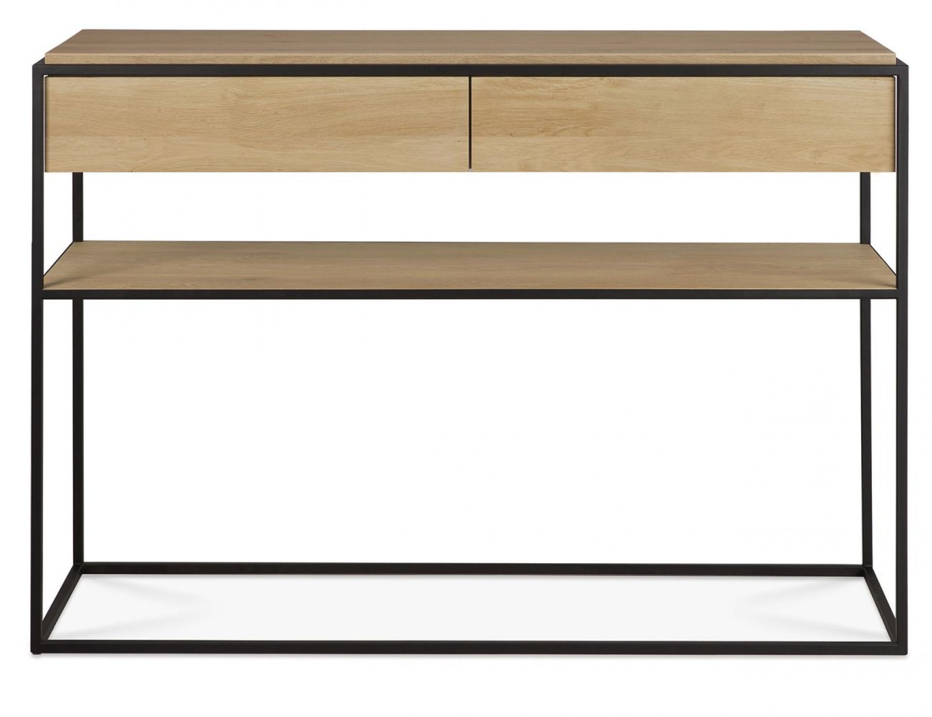 Monolit Konsole aus Eiche von Ethnicraft mit zwei Schubladen und schwarzem Metallgestell.