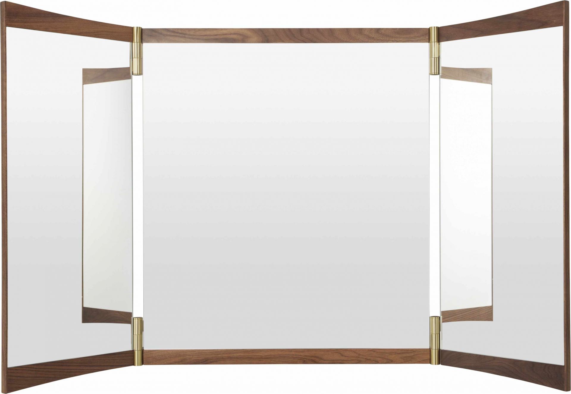 Gubi Vanity Wall Mirror 3, dreiteiliger Wandspiegel mit Holzrahmen und Messing Scharnieren.