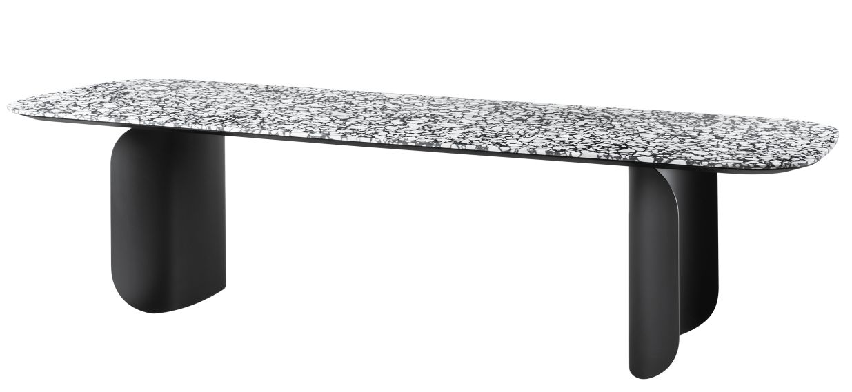 Barry Palladio Moro Marmor Miniforms Konsole mit Marmorplatte und schwarzen Beinen.