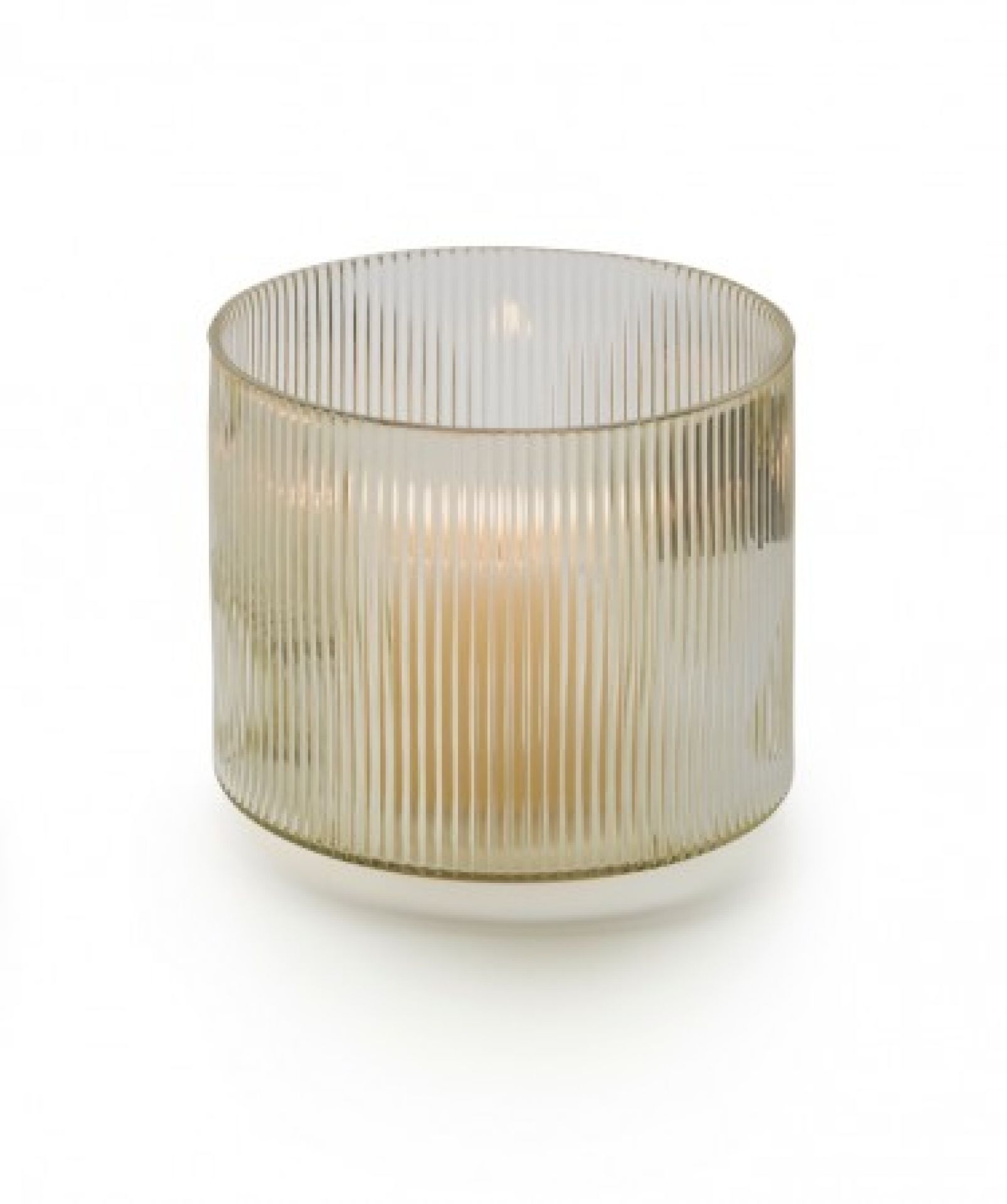 Limefarbenes, geripptes Line Windlicht von Philippi mit brennender Kerze, EINZELSTÜCK. Dekorative Tischdeko für stimmungsvolles Licht.