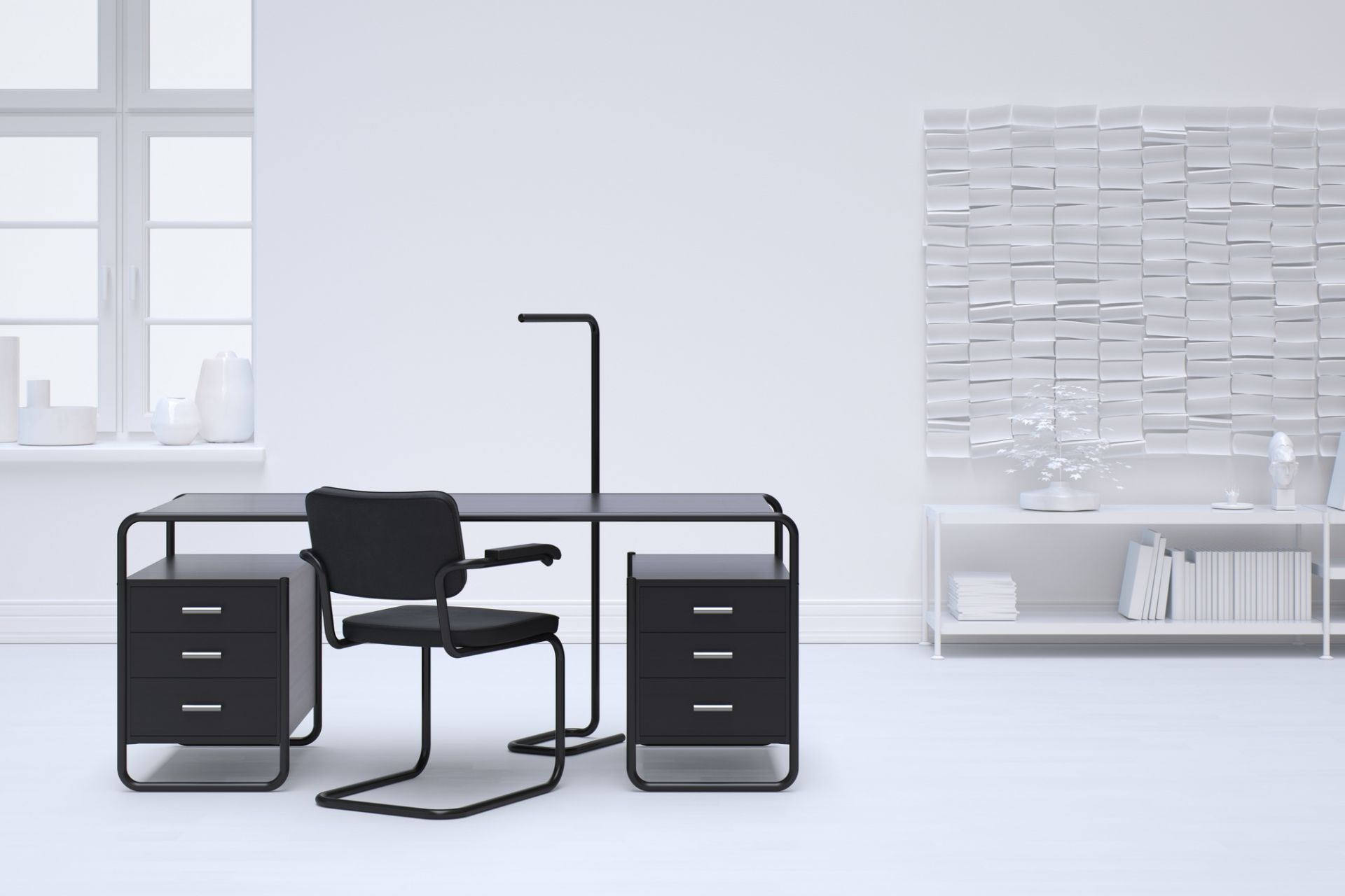 S 285/1 Stahlrohr Schreibtisch von Thonet in Schwarz mit passendem Bürostuhl und Schubladenelementen.