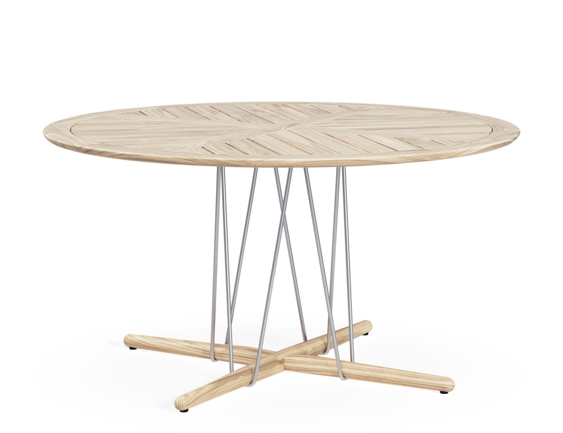 E022 Embrace Outdoor Tisch von Carl Hansen & Søn: Runder Gartentisch aus Teakholz mit Stahlgestell.