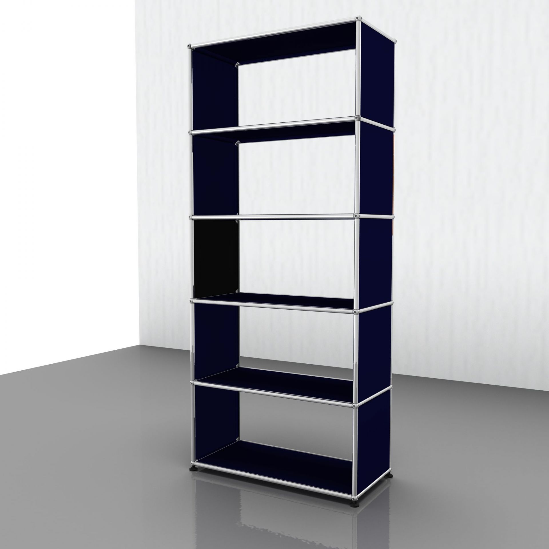 Stahlblaues USM Haller Regal mit fünf Fächern, minimalistisches Design für Büro und Wohnzimmer.