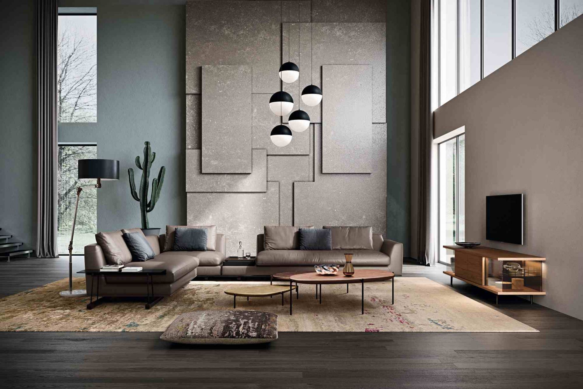 Wohnzimmer mit Ledersofa, Couchtisch und Ishino Metal Table Beistelltisch von Walter Knoll.