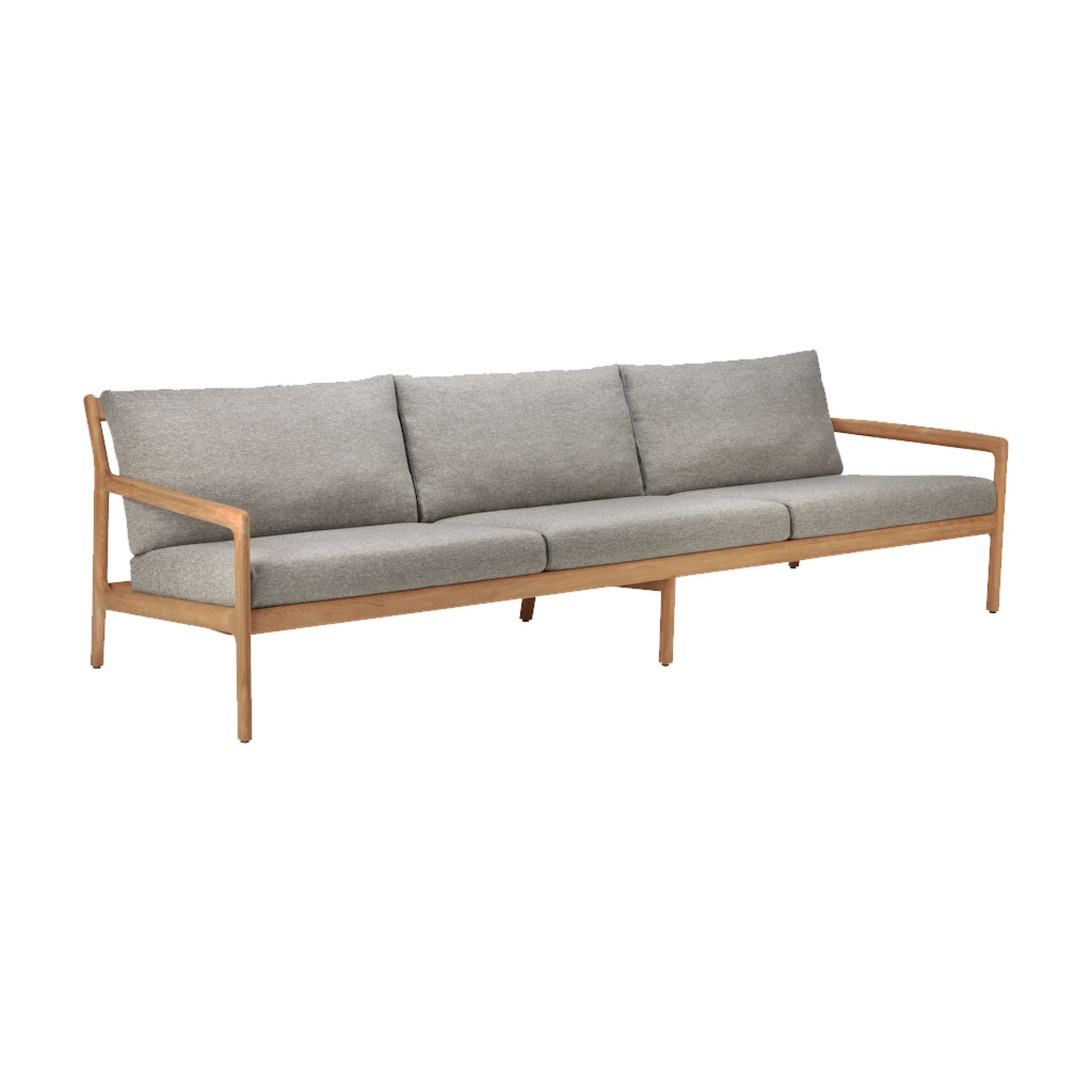 Jack Outdoor Sofa: Ethnicraft 3-Sitzer Sofa Mokka mit Teakholzrahmen und grauen Polsterkissen.