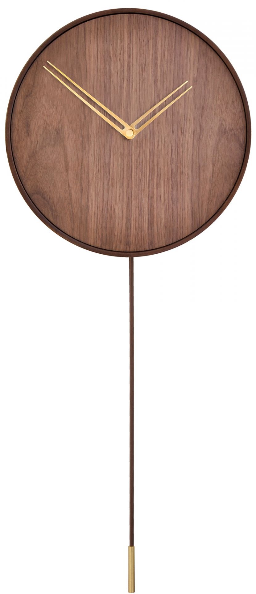 Swing Wanduhr von Nomon: Runde Holzwanduhr mit Pendel und goldenen Zeigern, modernes Design.