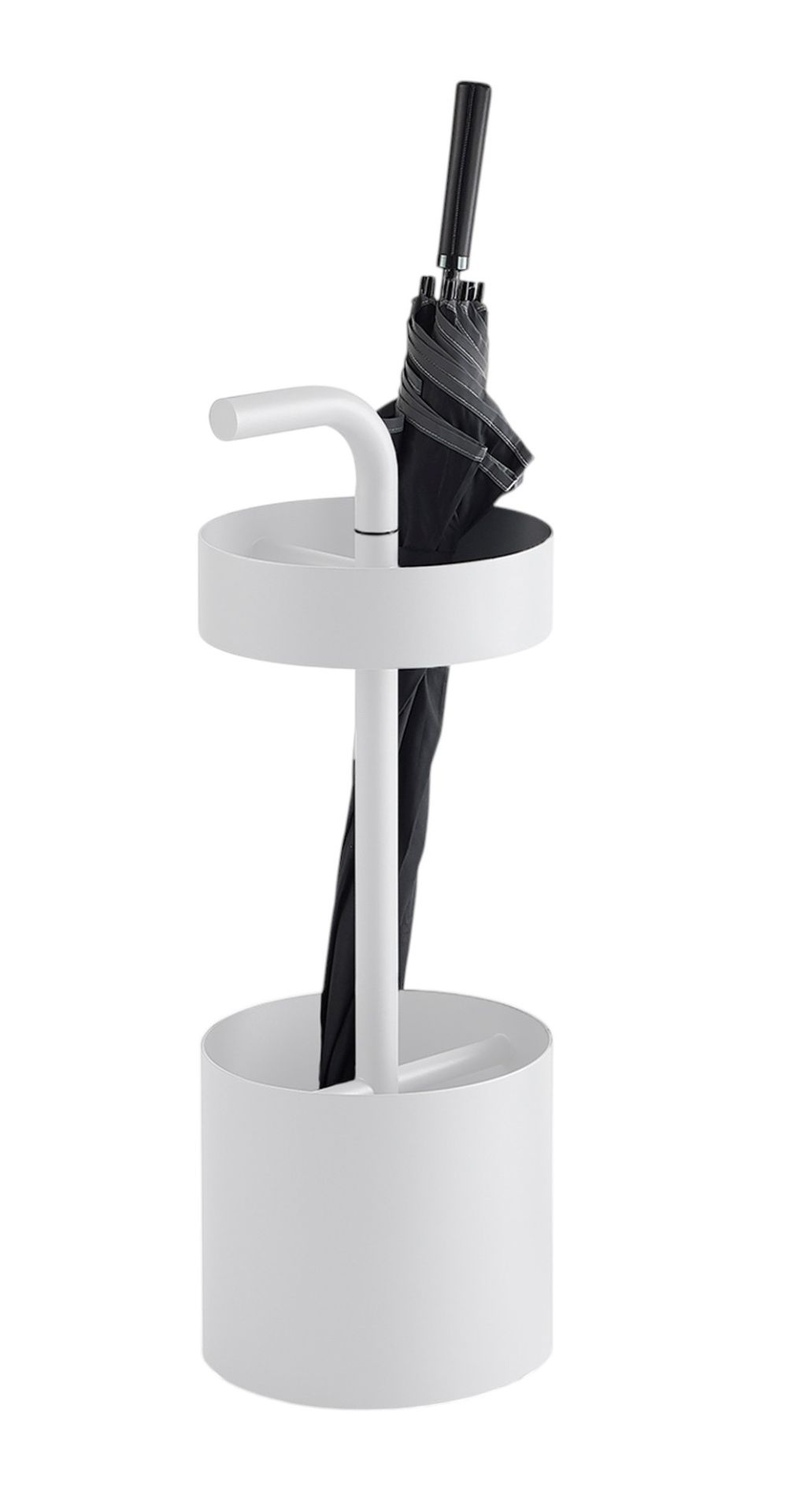 Weißer Ool Schirmständer von Mox mit schwarzem Regenschirm, moderner und minimalistischer Design Schirmständer für den Eingangsbereich.