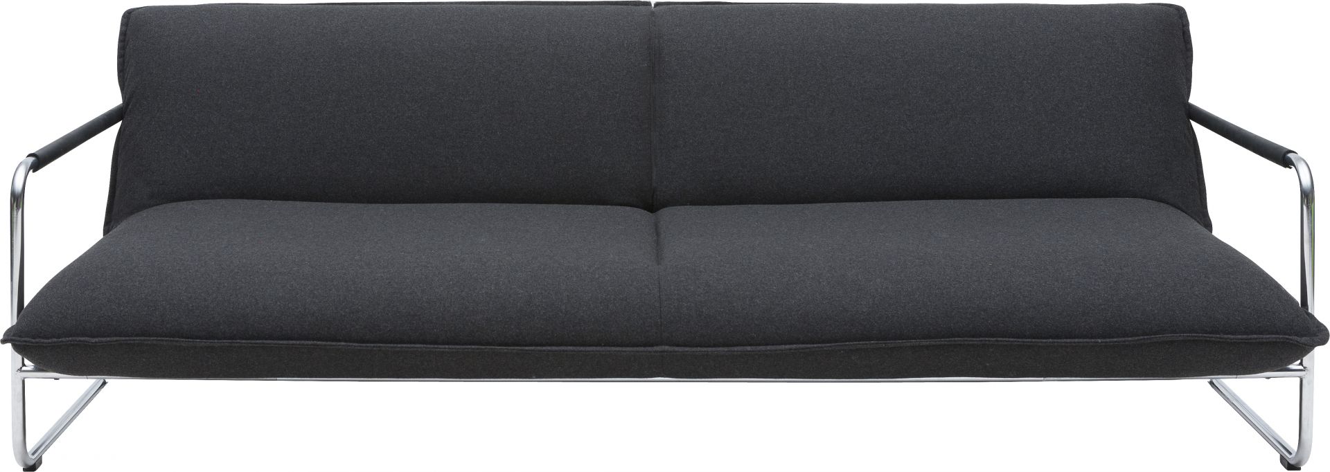 Graues Softline Schlafsofa mit Chromgestell. Modernes Sofa für Wohnzimmer und Gästezimmer.