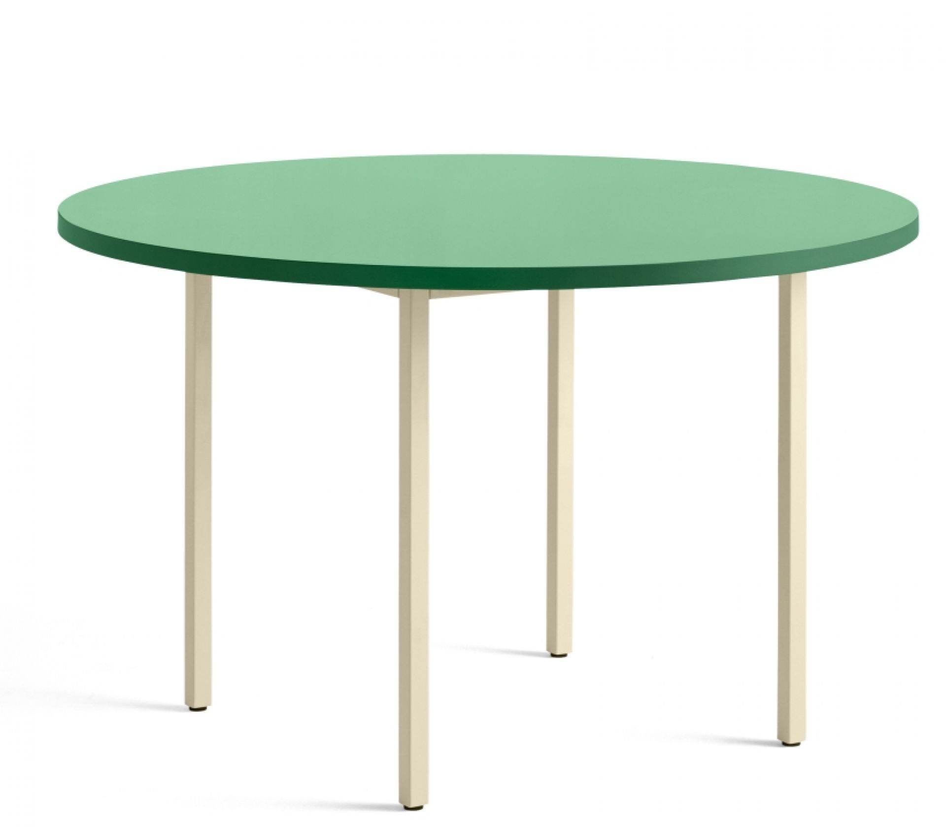Runder Two Colour Table Tisch von Hay, 120 cm Durchmesser, mintgrüne Tischplatte und elfenbeinfarbene Beine.