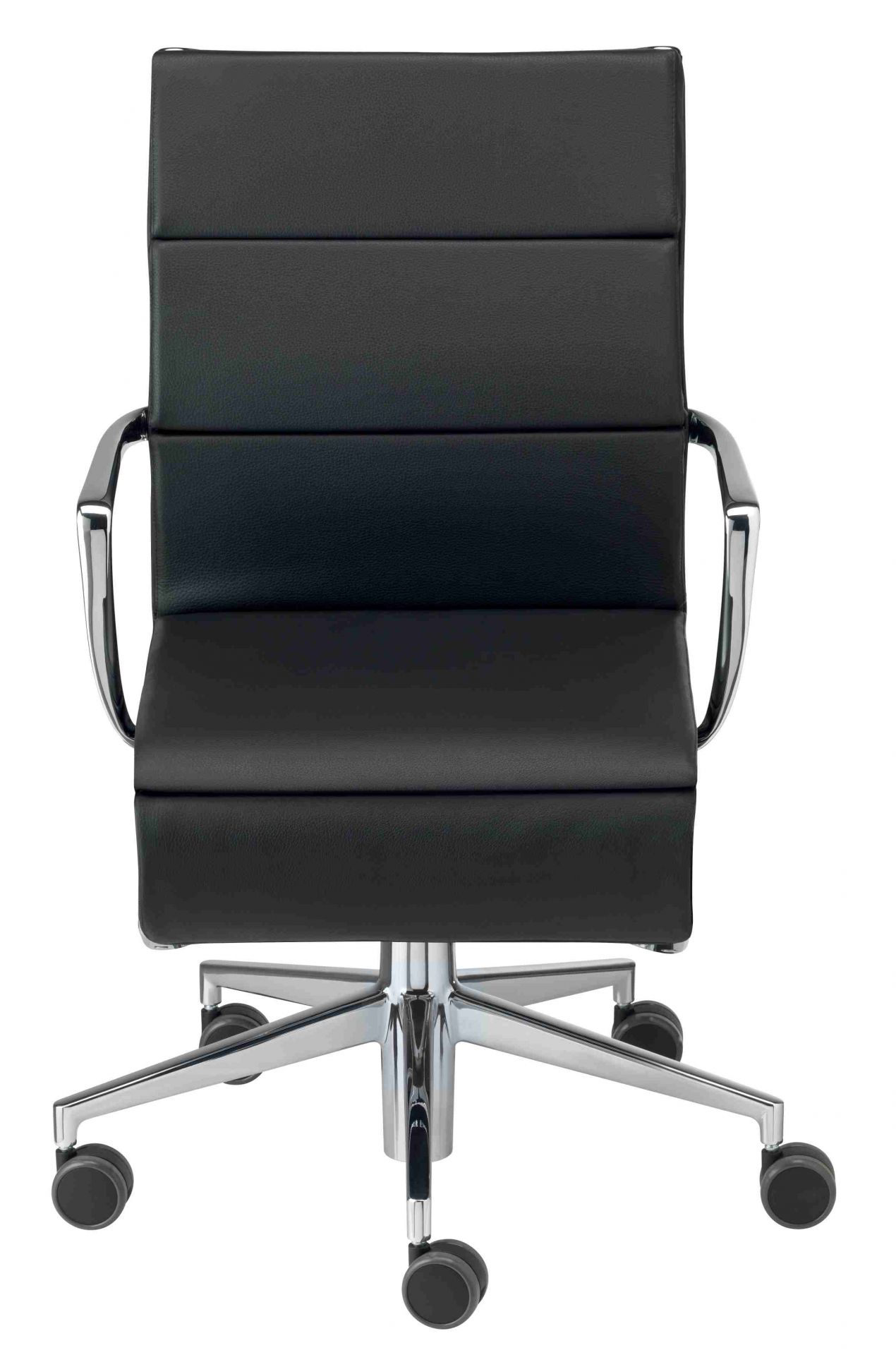 Rollingframe Drehstuhl Alias: Schwarzer Bürostuhl mit Lederbezug und Chromgestell, Ansicht von vorne.